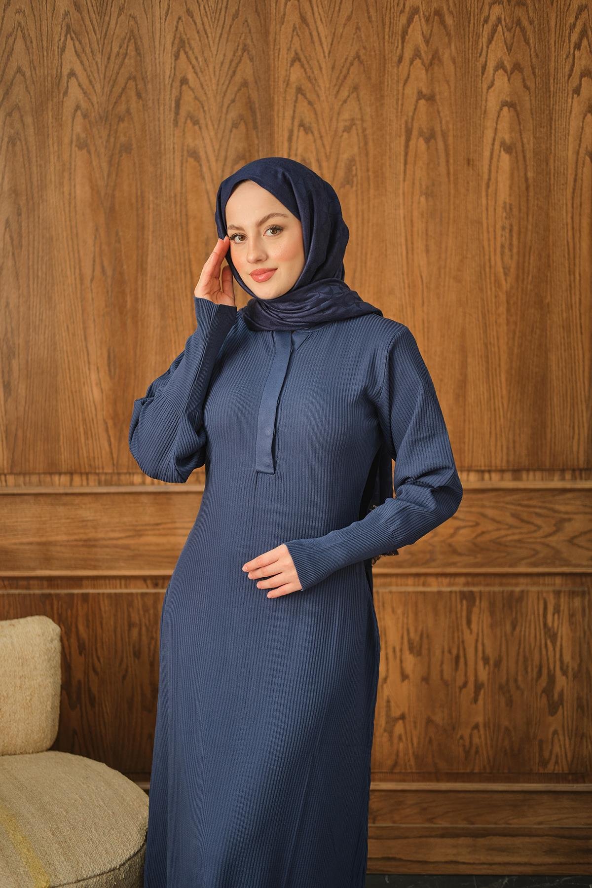 Gizli Düğme Detaylı Elbise İndigo Mavi