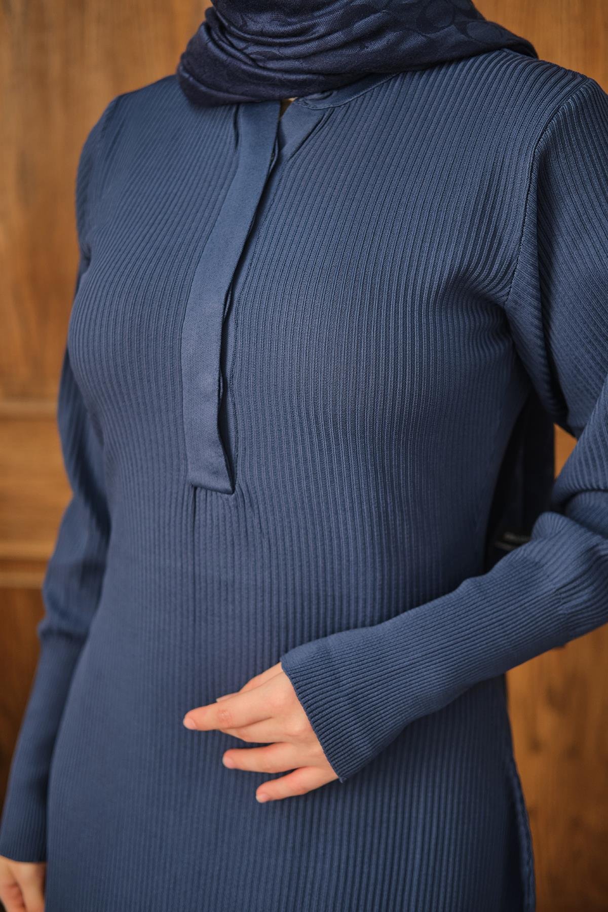 Gizli Düğme Detaylı Elbise İndigo Mavi