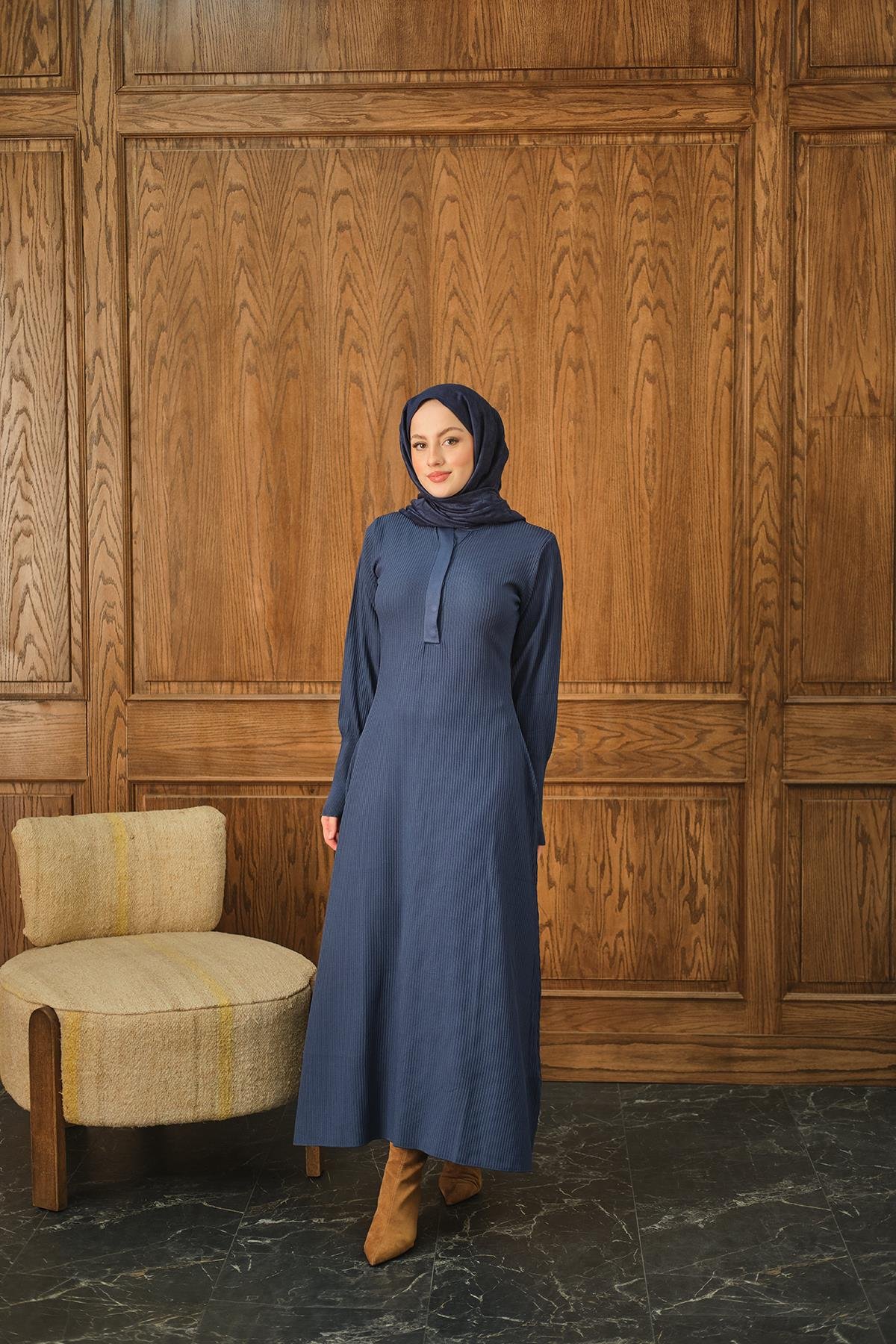 Gizli Düğme Detaylı Elbise İndigo Mavi