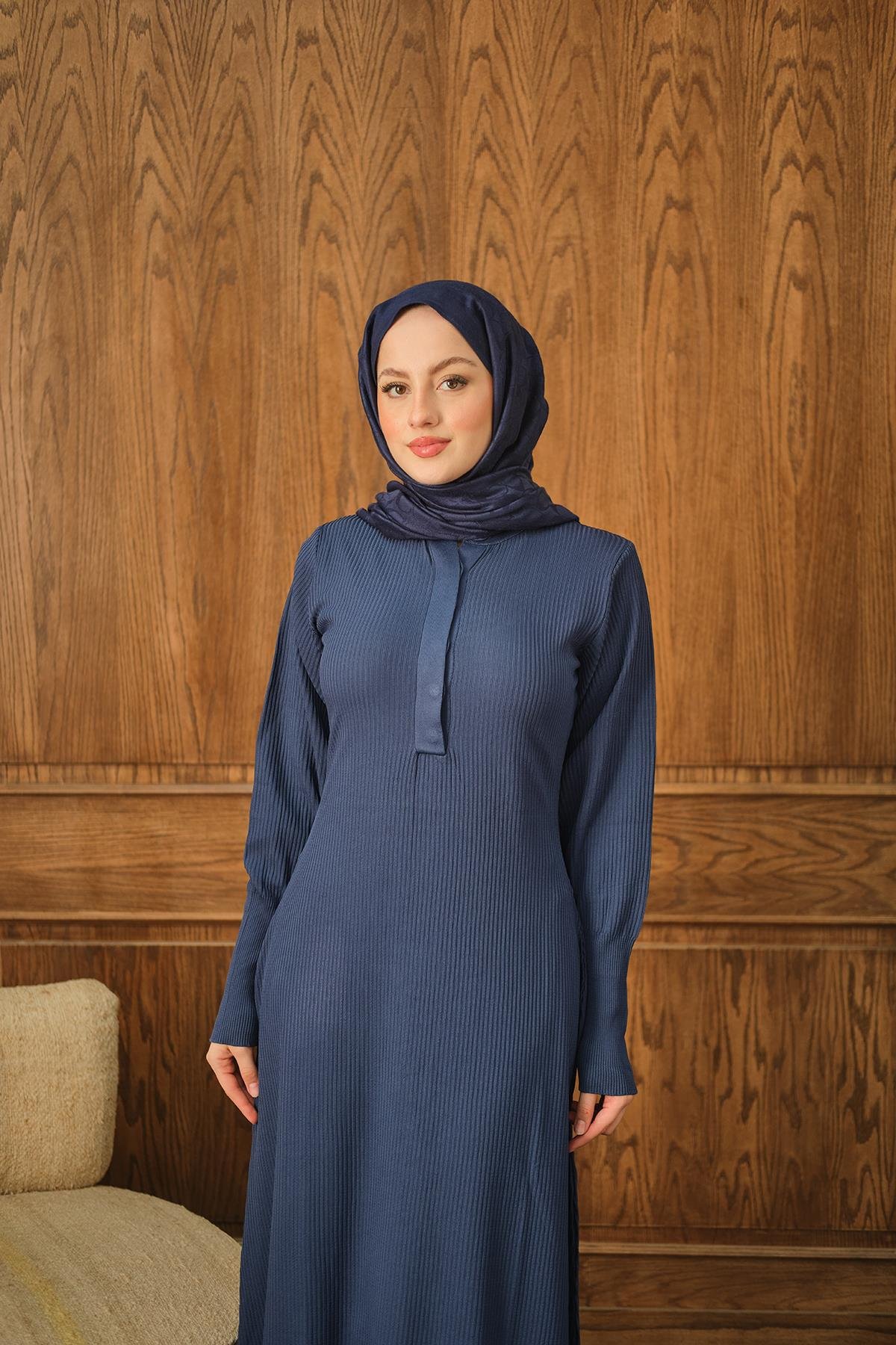Gizli Düğme Detaylı Elbise İndigo Mavi