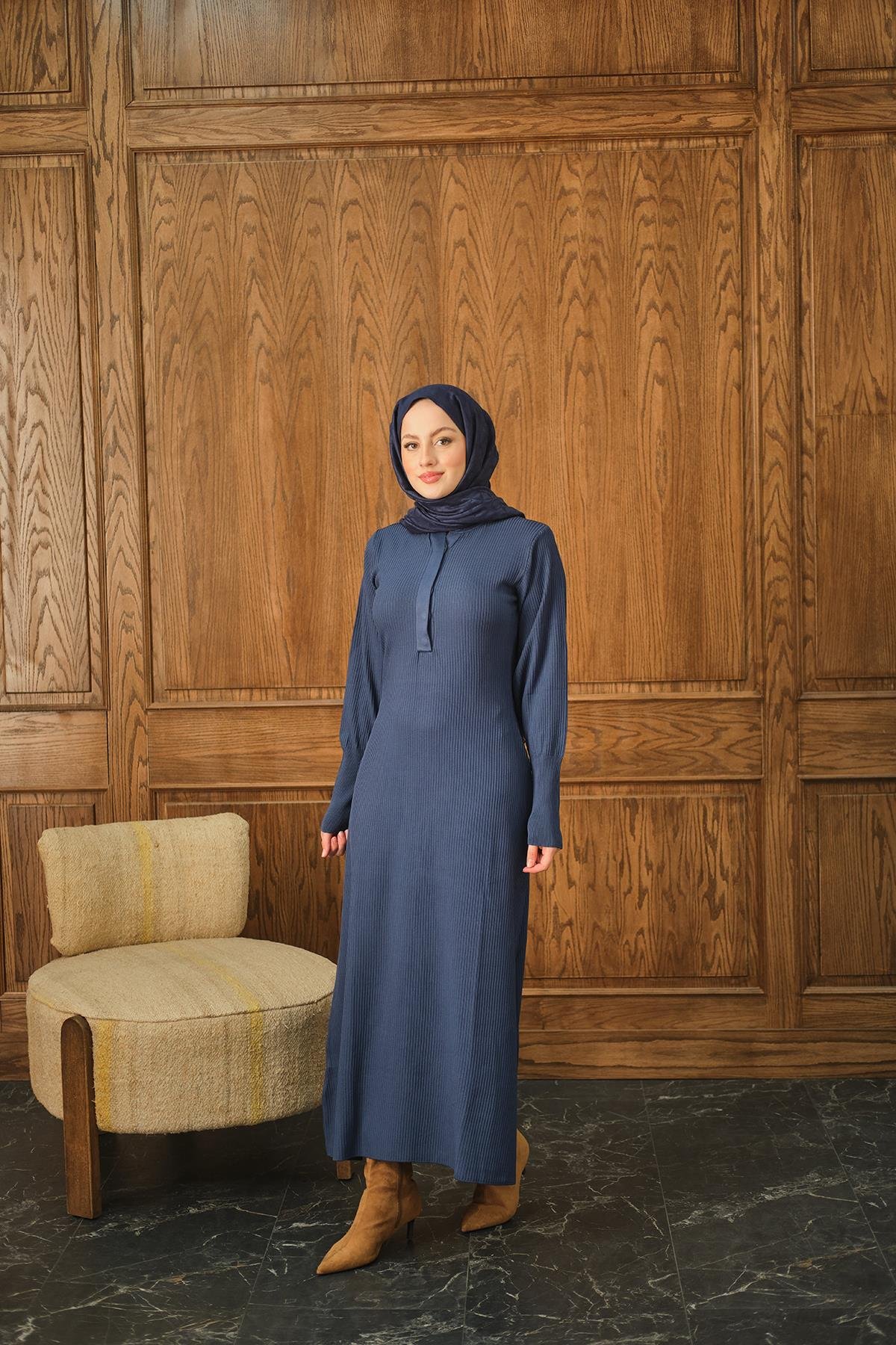 Gizli Düğme Detaylı Elbise İndigo Mavi