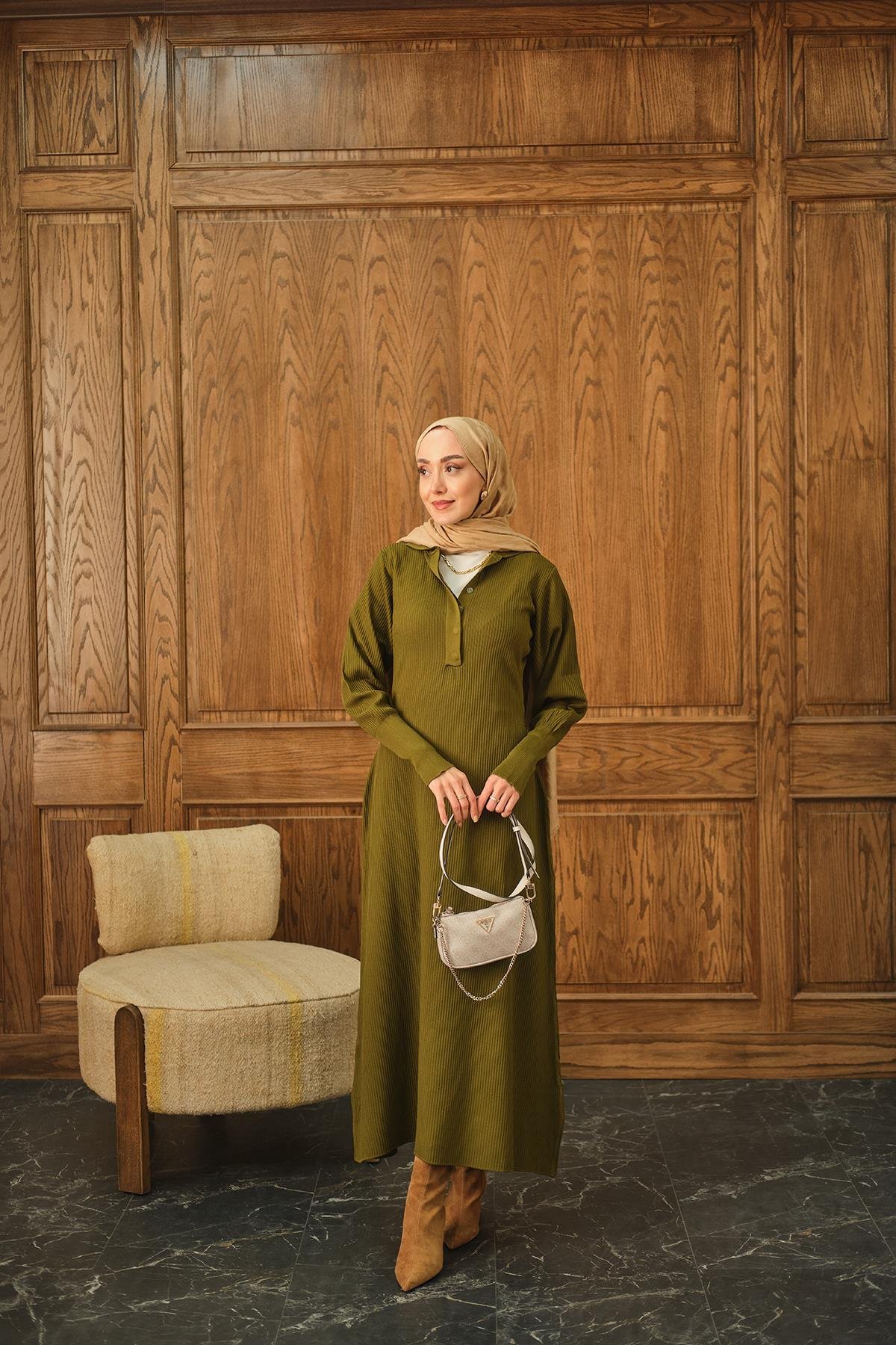 Gizli Düğme Detaylı Elbise Yağ Yeşil