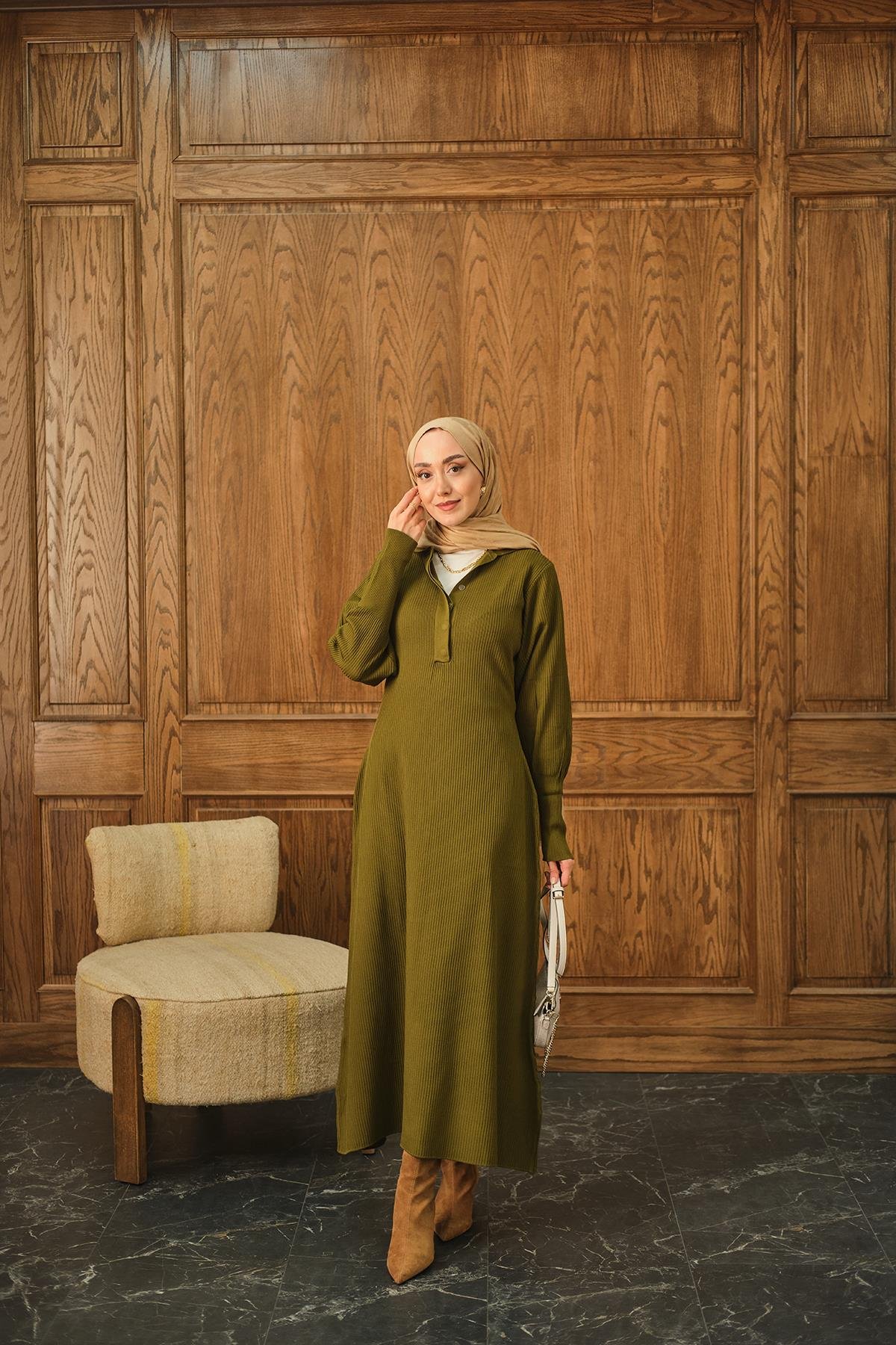 Gizli Düğme Detaylı Elbise Yağ Yeşil