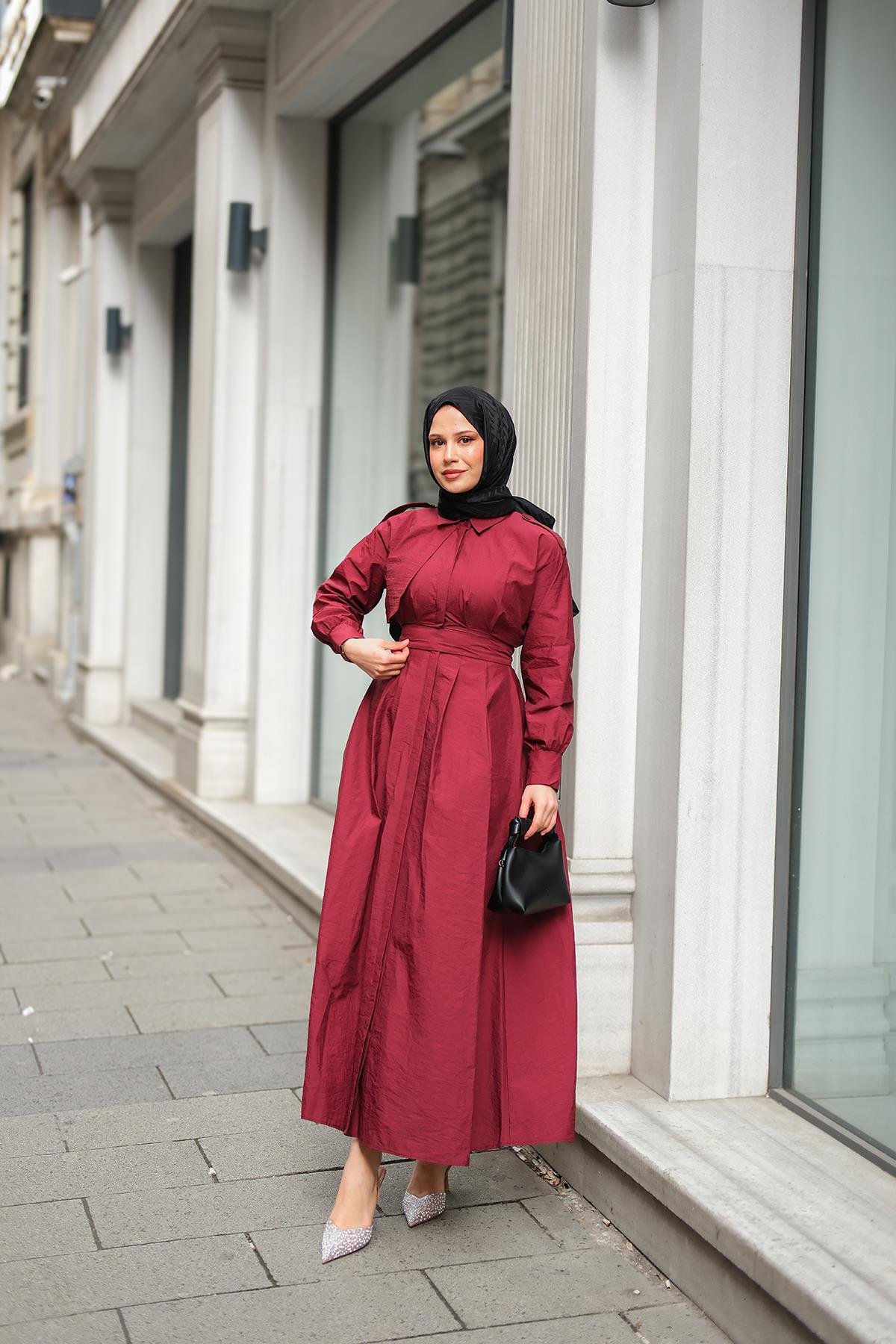 Gizli Düğmeli Apolet Detay Elbise Bordo