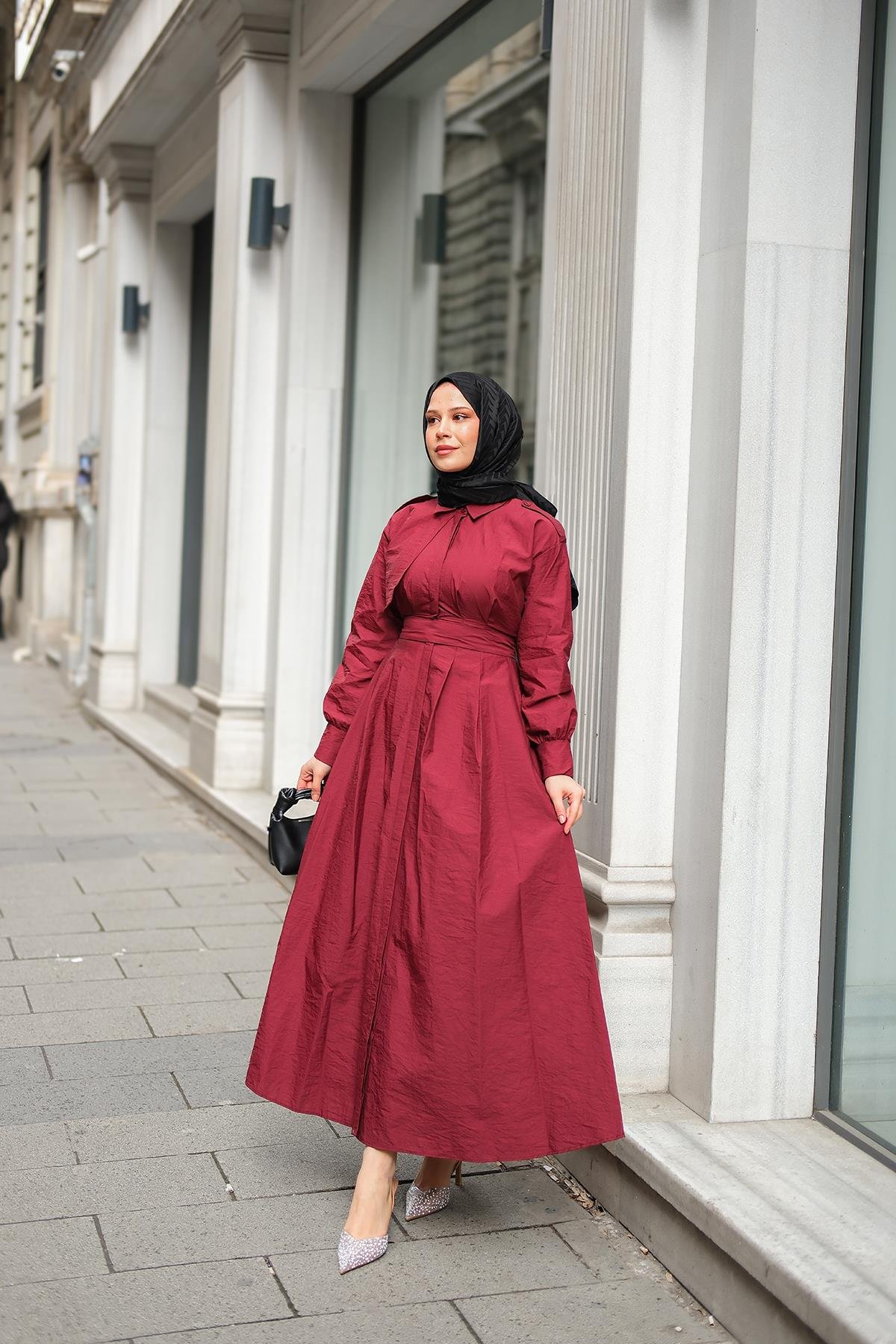 Gizli Düğmeli Apolet Detay Elbise Bordo