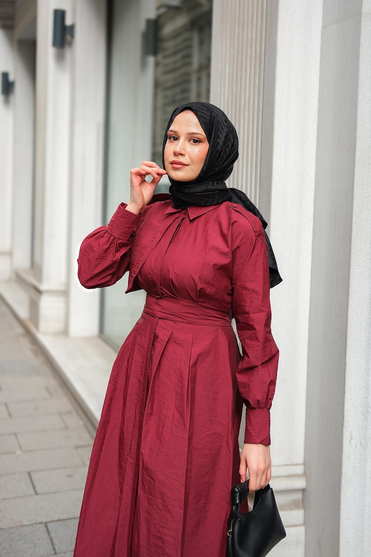 Gizli Düğmeli Apolet Detay Elbise Bordo