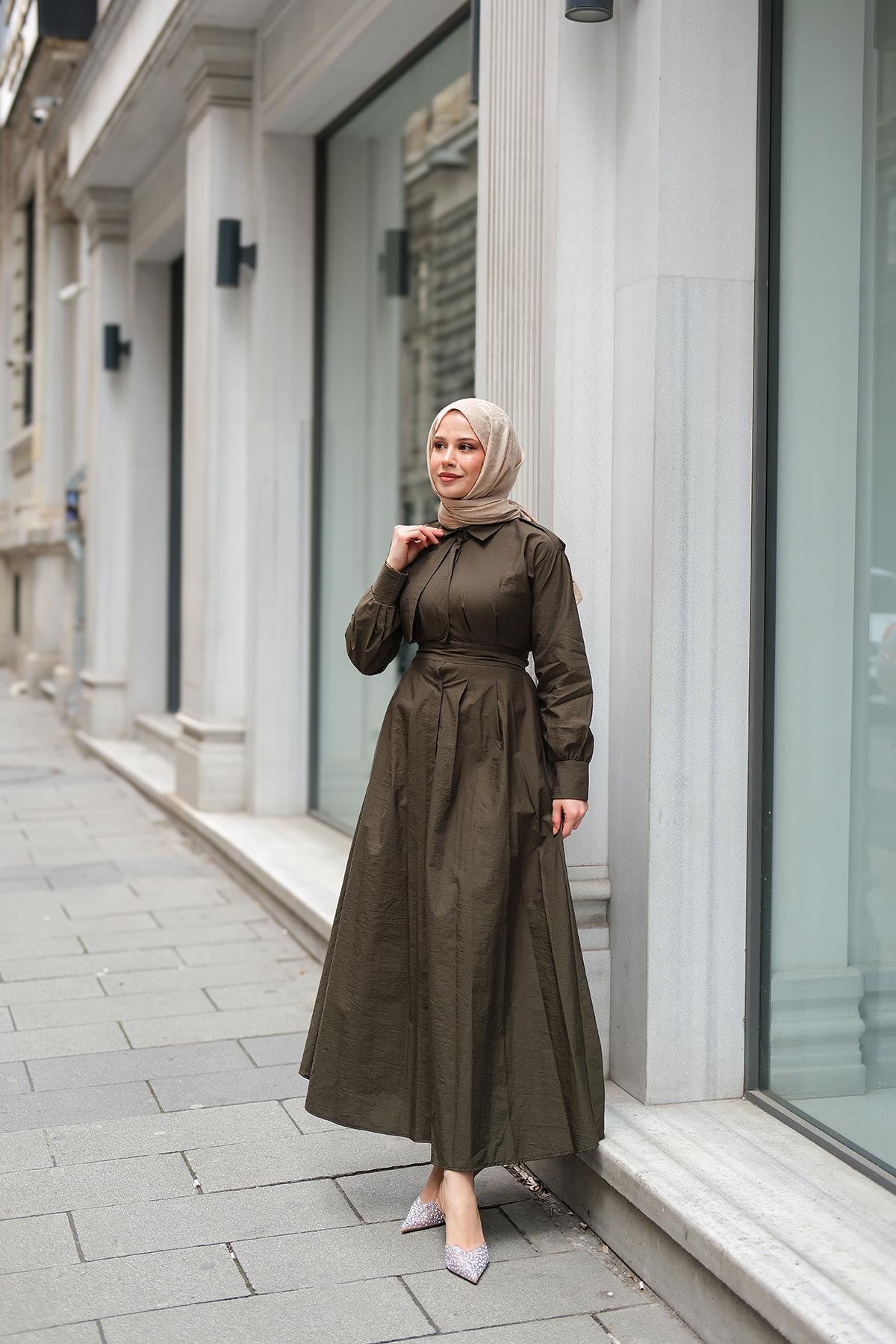 Gizli Düğmeli Apolet Detay Elbise Haki Yeşil