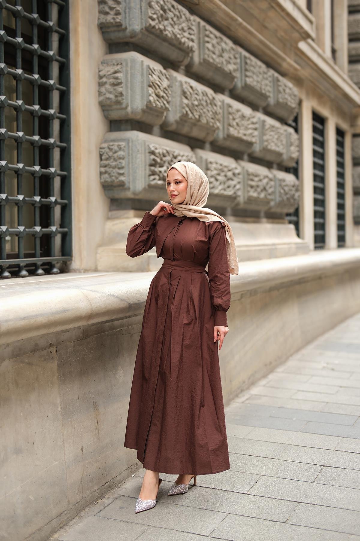 Gizli Düğmeli Apolet Detay Elbise Kahverengi