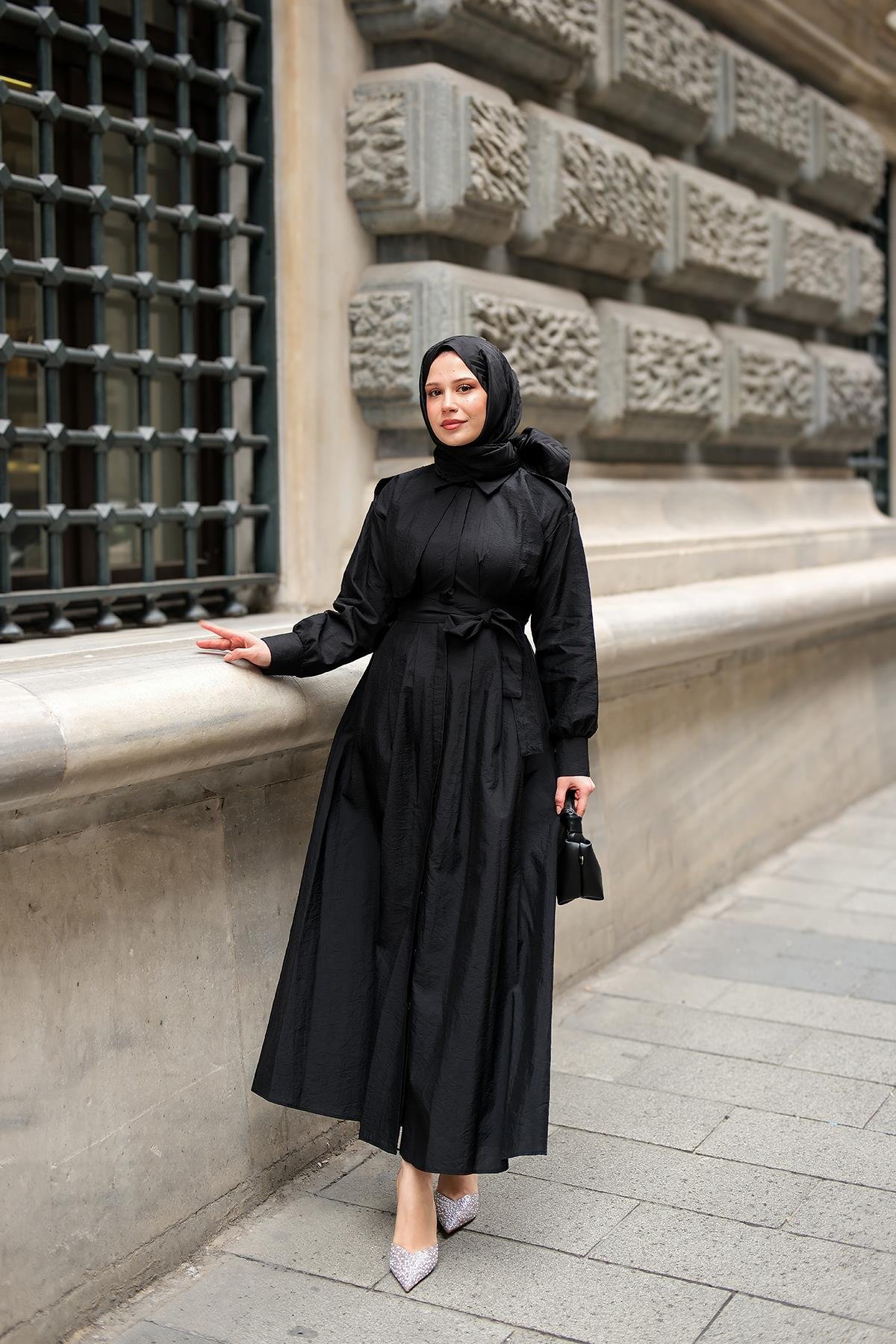 Gizli Düğmeli Apolet Detay Elbise Siyah