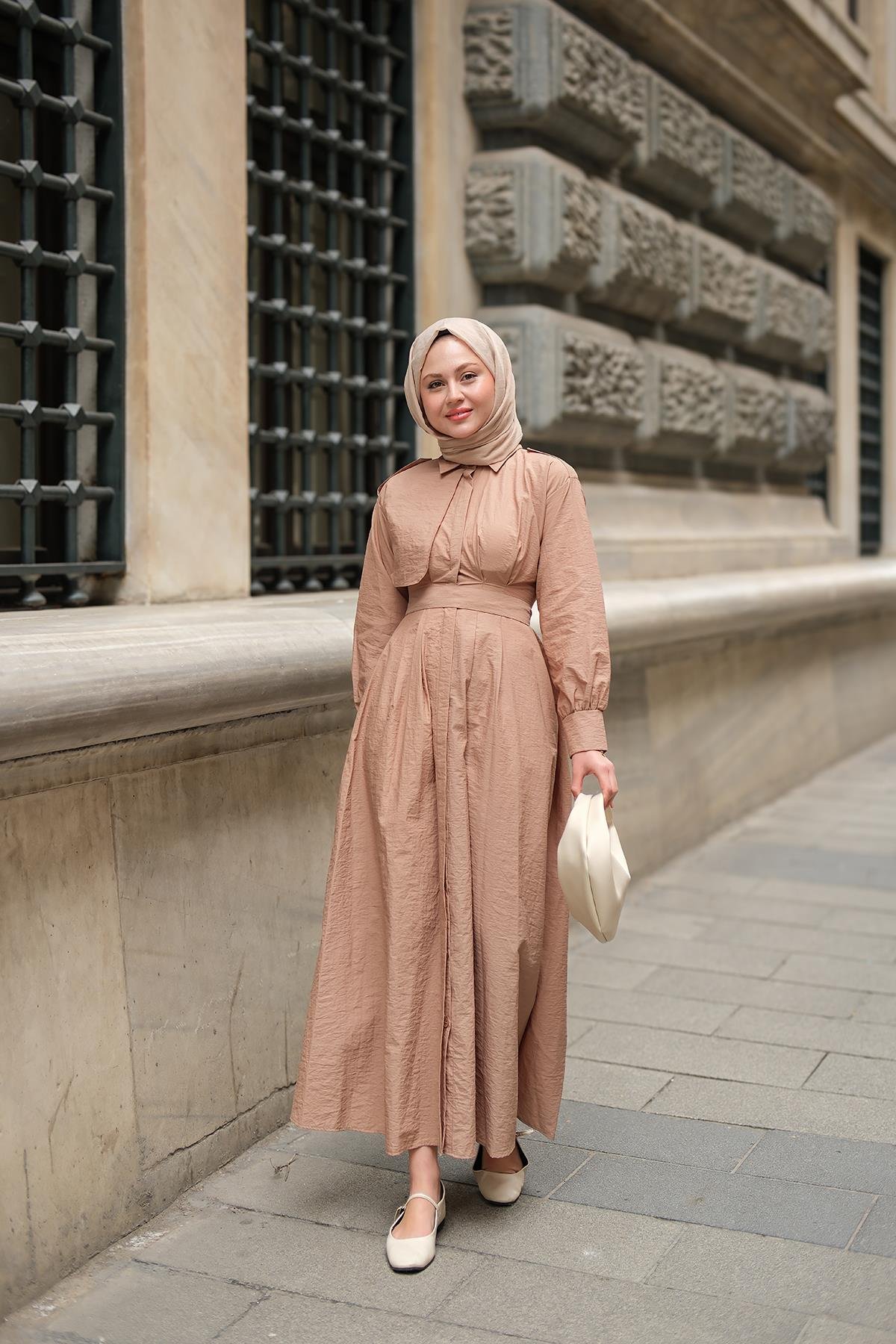 Gizli Düğmeli Apolet Detay Elbise Vizon