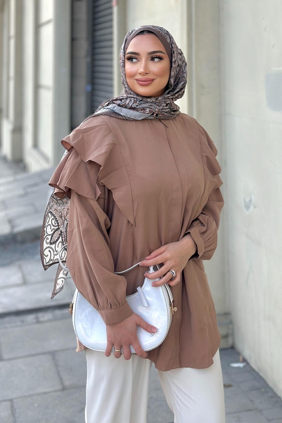 Gizli Düğmeli Fırfır Detay Gömlek Vizon