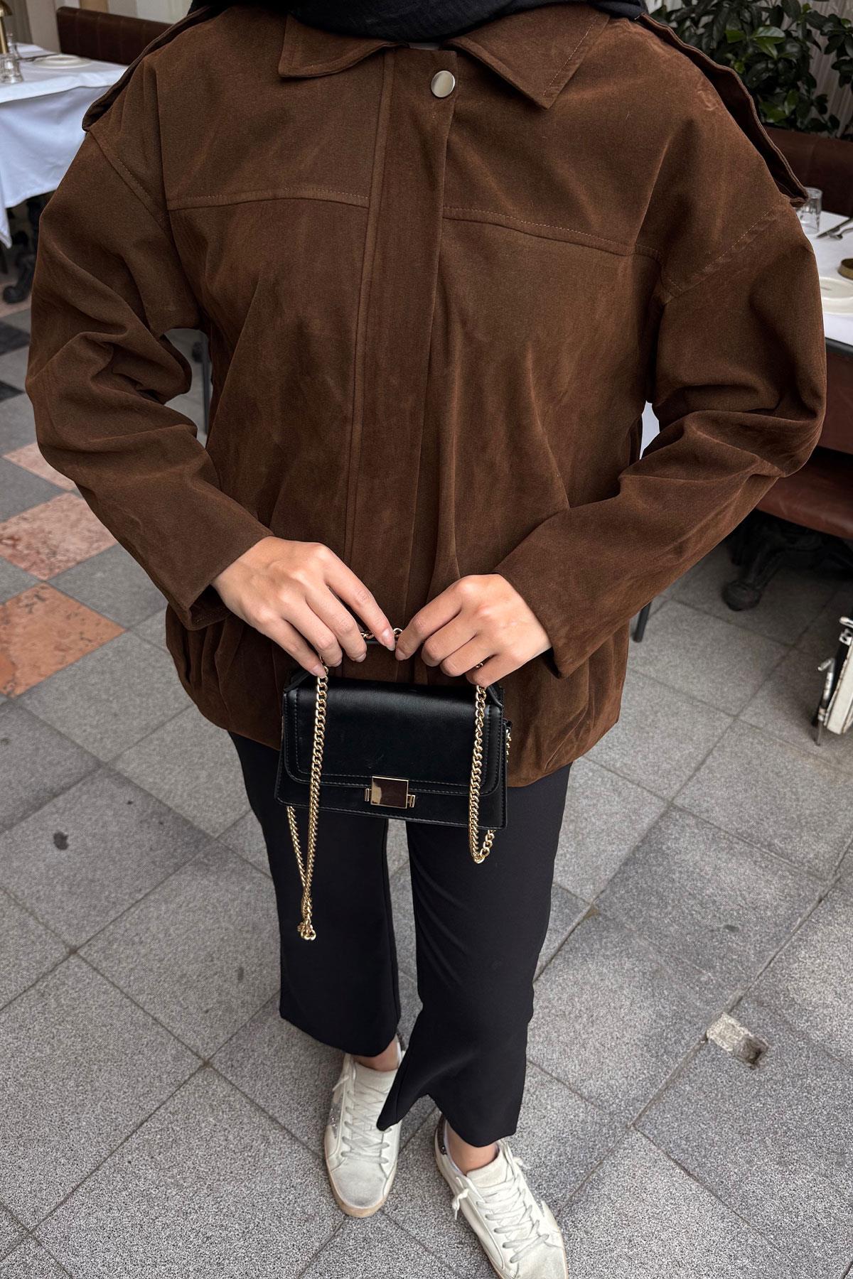 Gizli Düğmeli Kadife Ceket Kahverengi