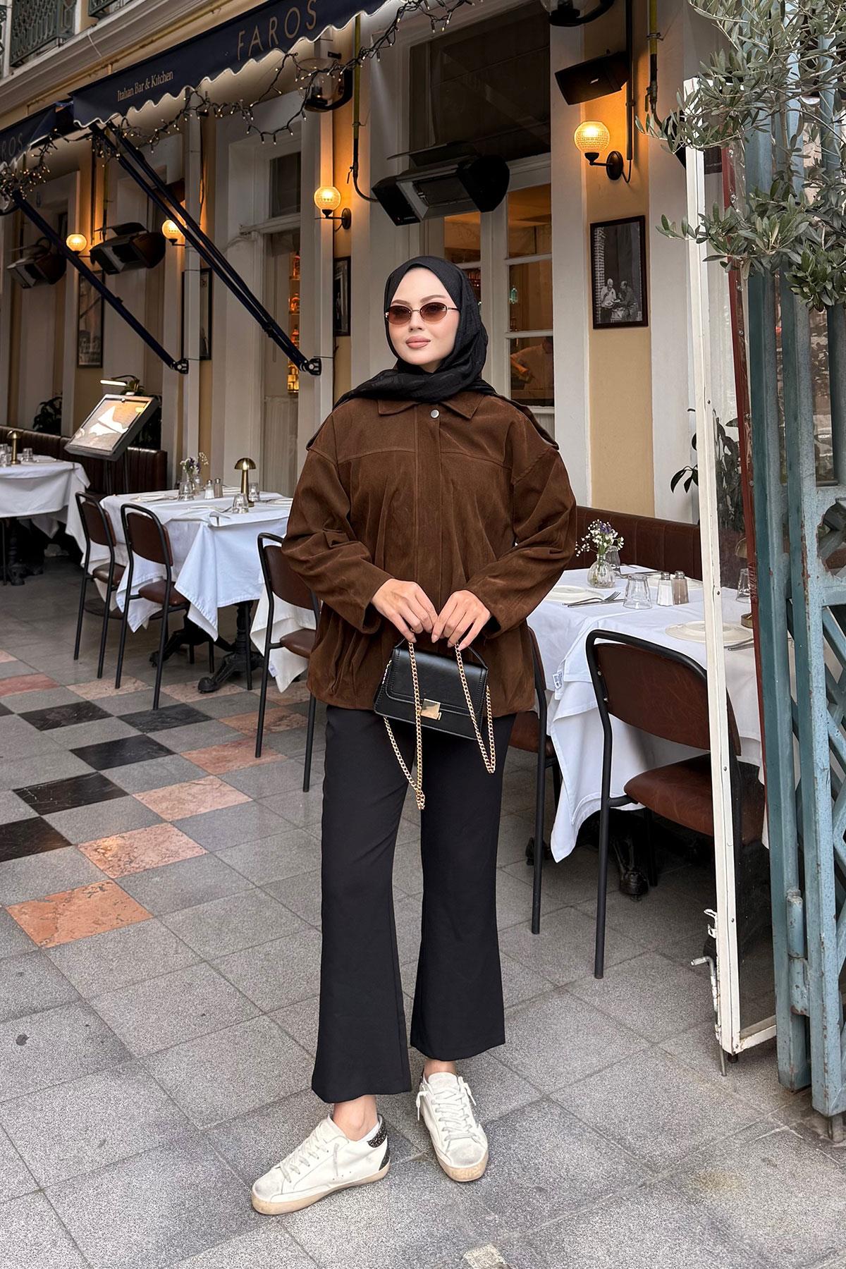 Gizli Düğmeli Kadife Ceket Kahverengi