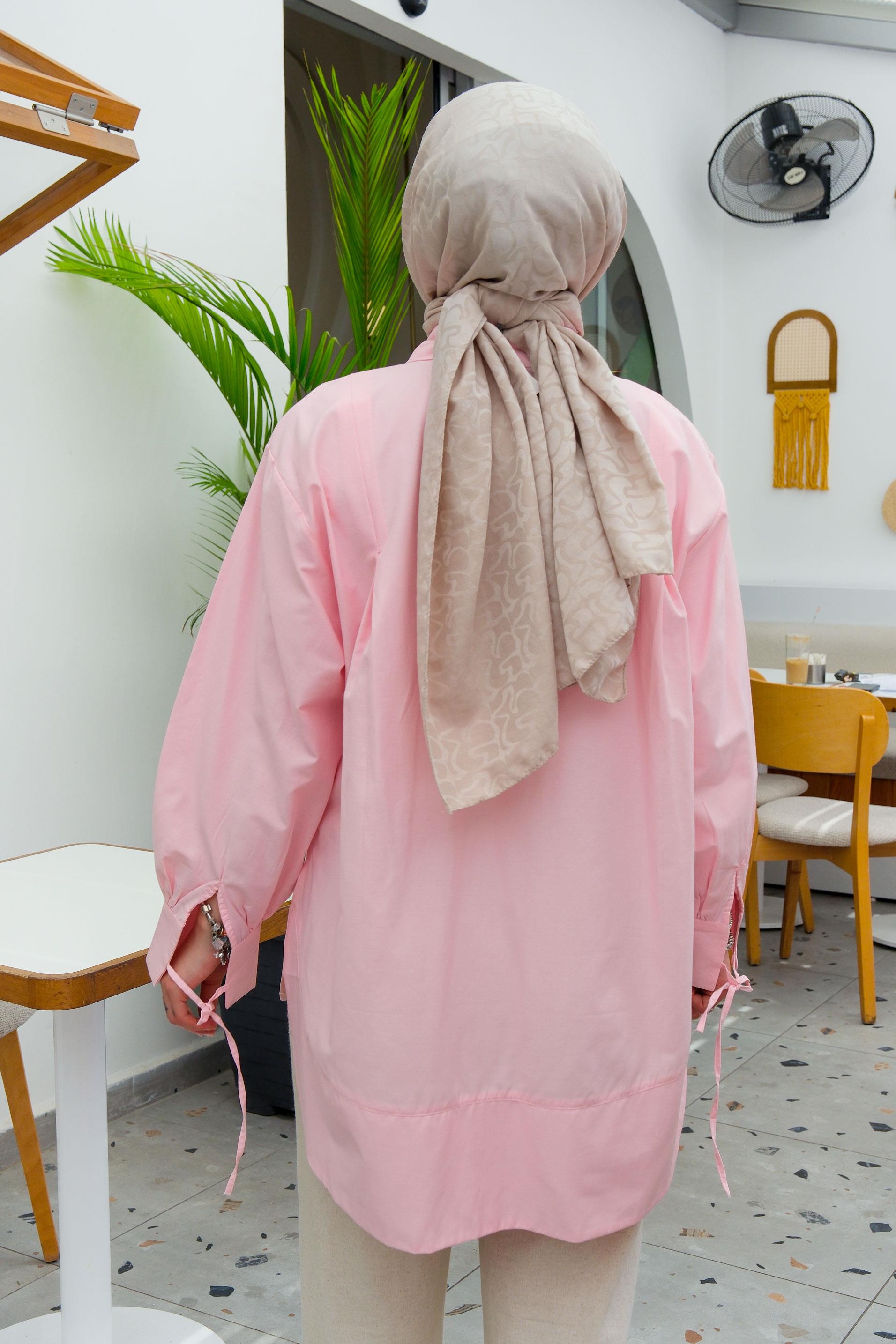 Gizli Düğmeli Kol Bağlama Detay Gömlek  Şeker Pembe