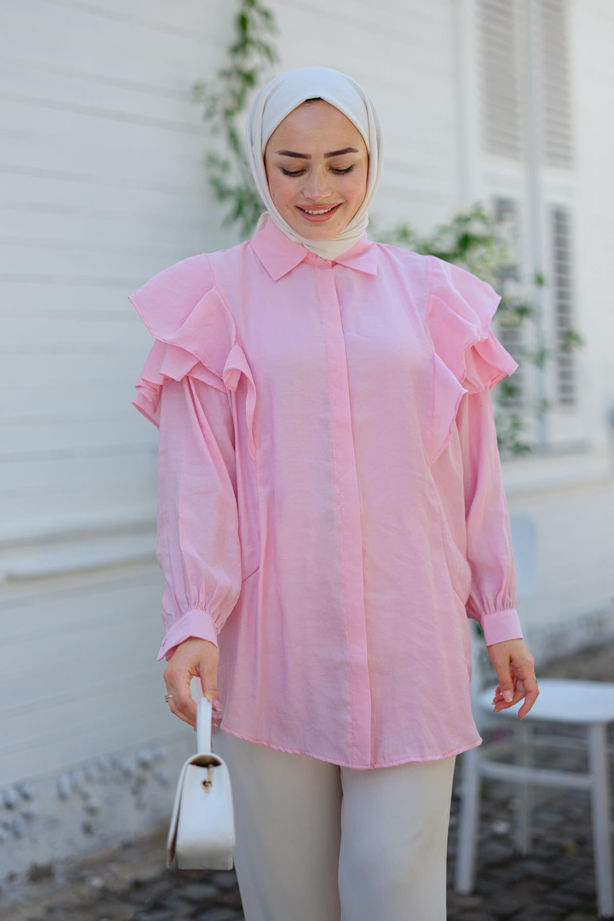 Gizli Düğmeli Püskül Detay Gömlek Pembe