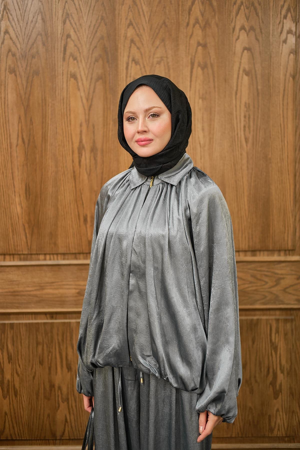 Gizli Fermuar Detay Takım Gri