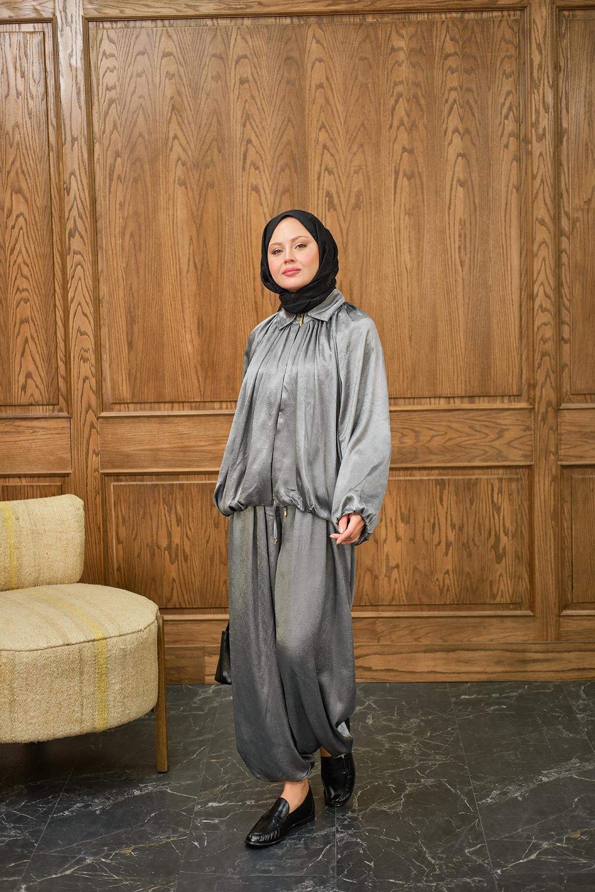 Gizli Fermuar Detay Takım Gri