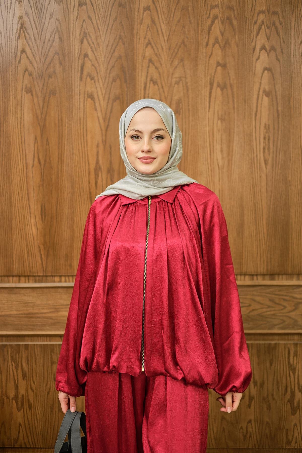 Gizli Fermuar Detay Takım Kırmızı