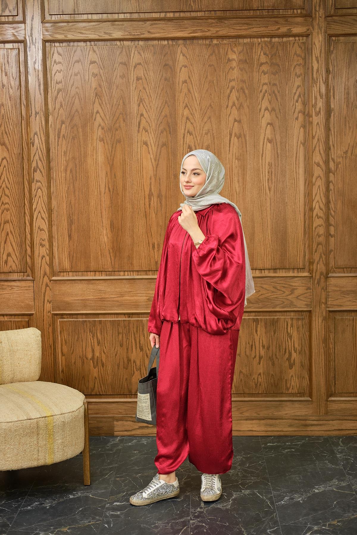 Gizli Fermuar Detay Takım Kırmızı