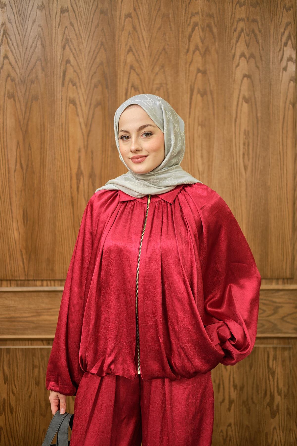 Gizli Fermuar Detay Takım Kırmızı