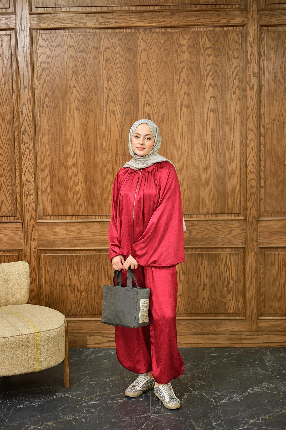 Gizli Fermuar Detay Takım Kırmızı