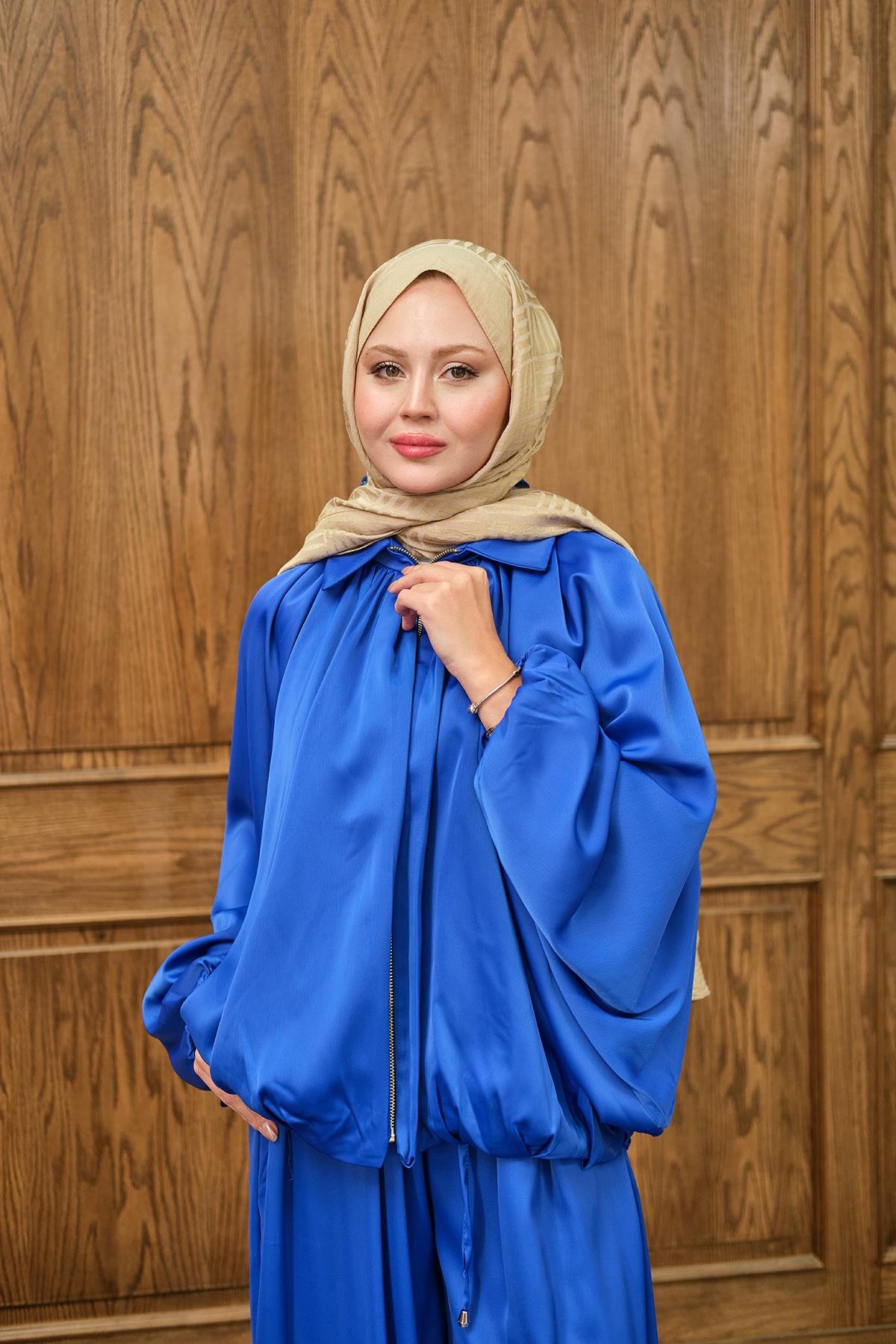 Gizli Fermuar Detay Takım Saks Mavi