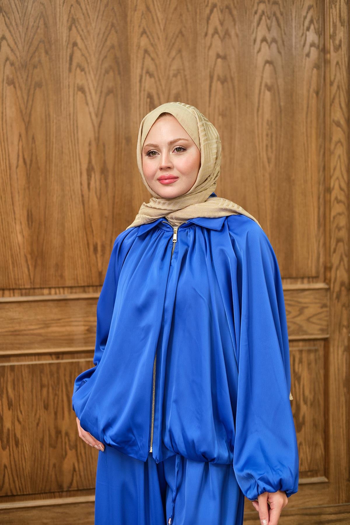 Gizli Fermuar Detay Takım Saks Mavi