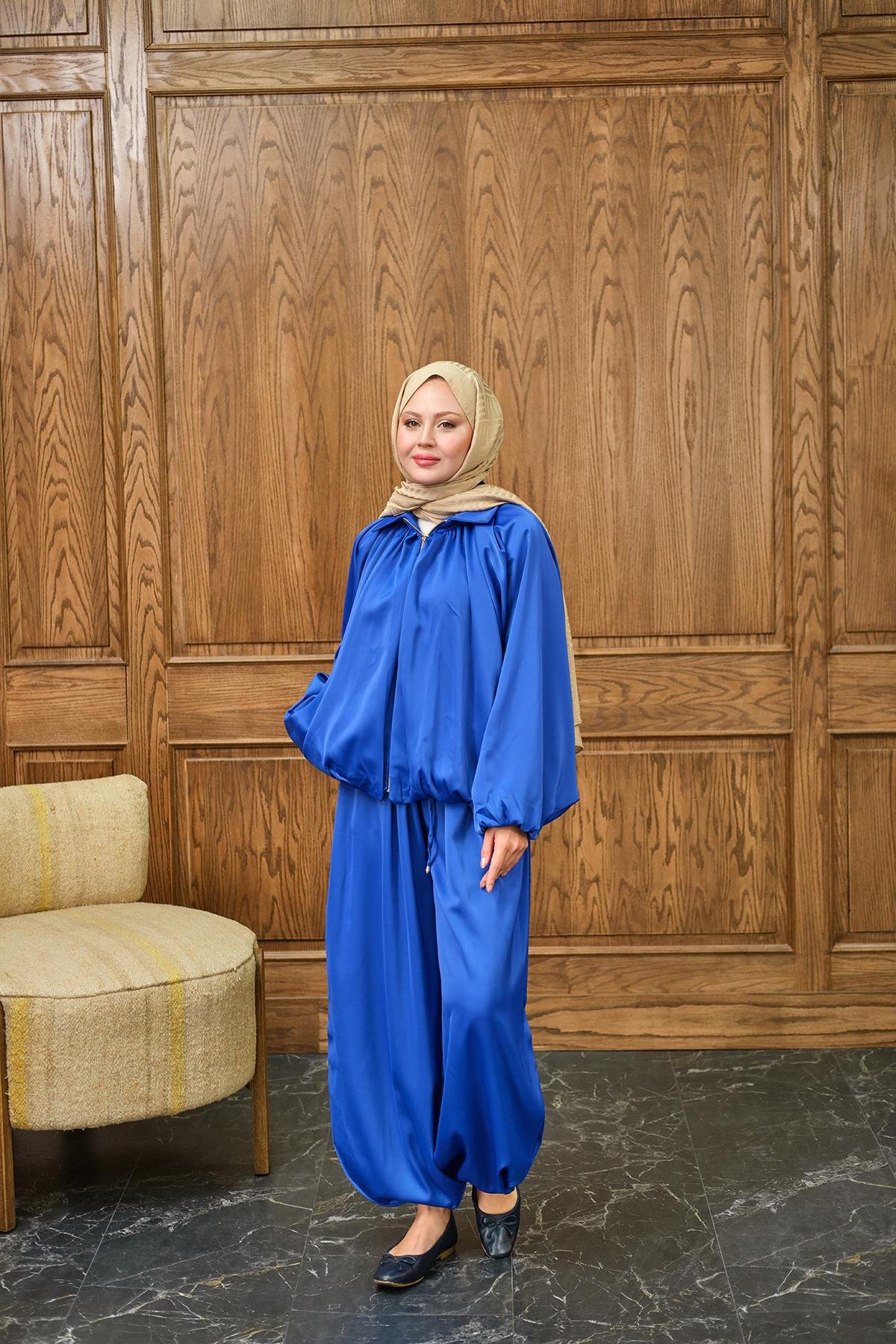 Gizli Fermuar Detay Takım Saks Mavi