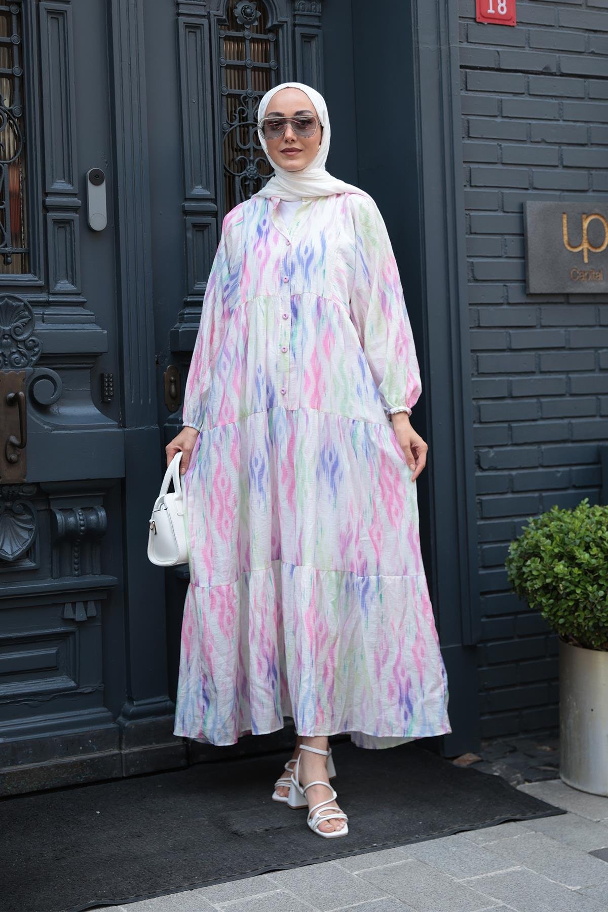 Gökkuşağı Desen Elbise Fıstık Yeşil