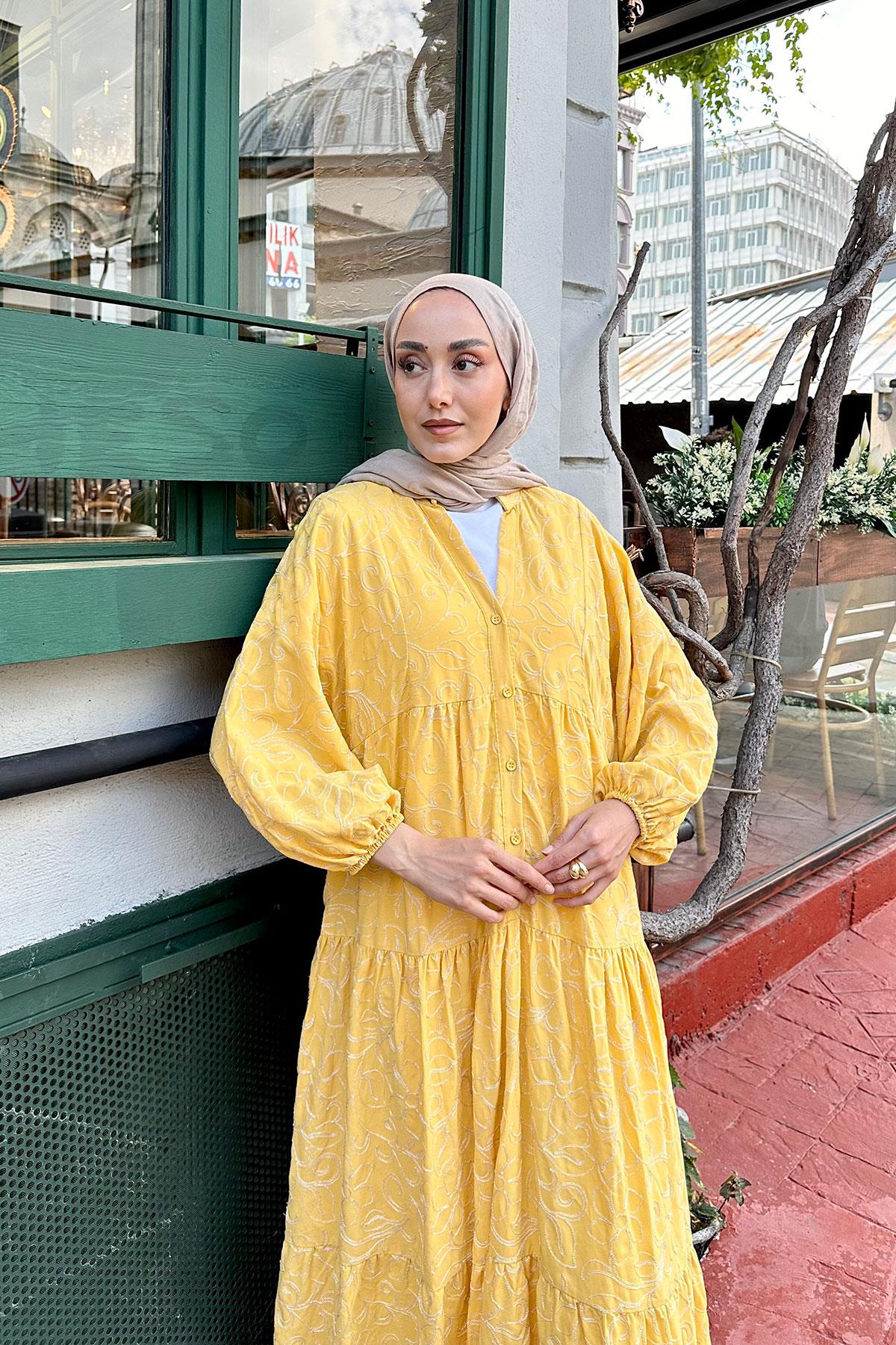 Gold Çicek Nakışlı Elbise Sarı