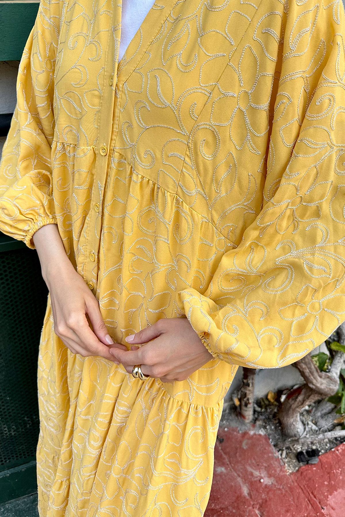 Gold Çicek Nakışlı Elbise Sarı