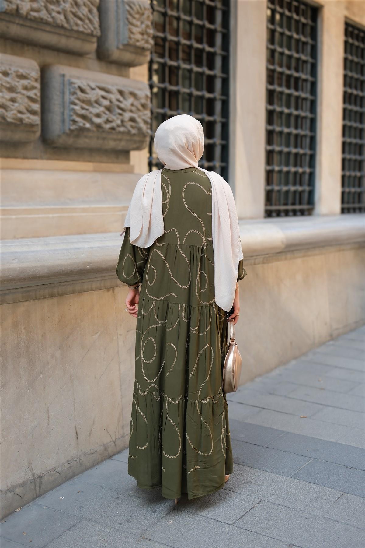 Gold Dikiş Detaylı Elbise Haki Yeşil