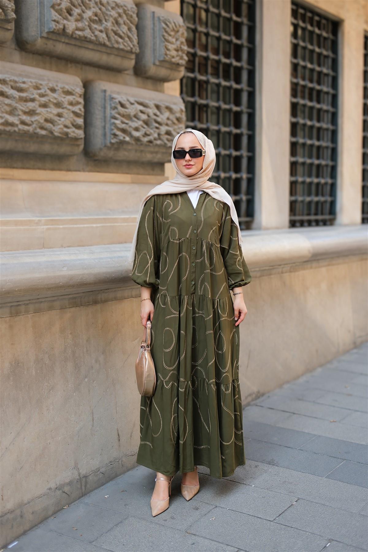 Gold Dikiş Detaylı Elbise Haki Yeşil