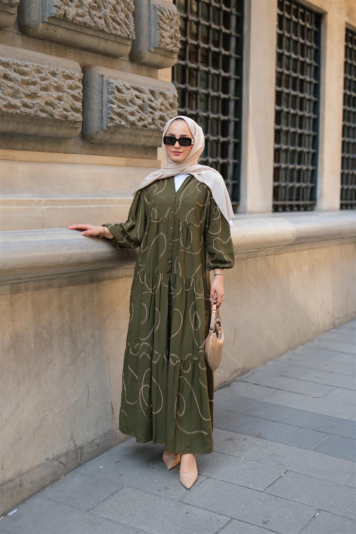 Gold Dikiş Detaylı Elbise Haki Yeşil