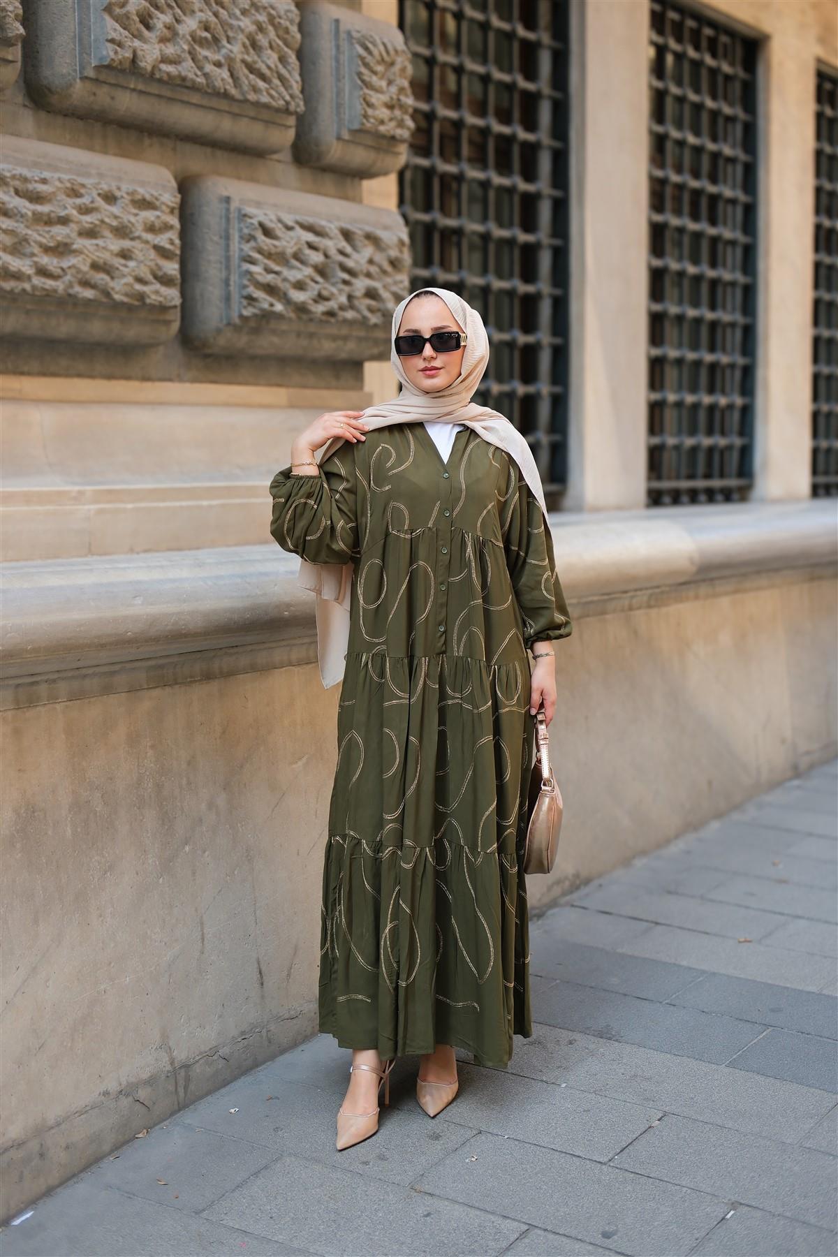 Gold Dikiş Detaylı Elbise Haki Yeşil