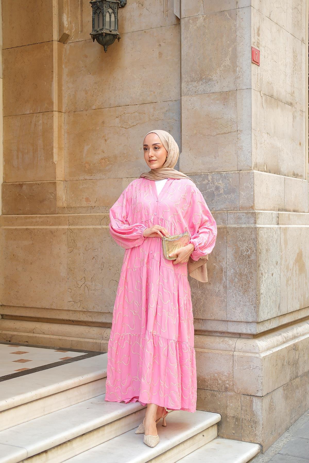 Gold Dikiş Detaylı Elbise Pembe