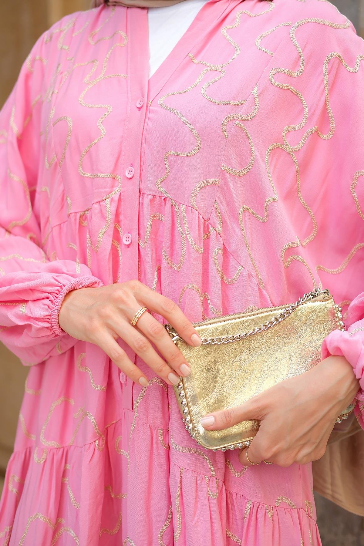 Gold Dikiş Detaylı Elbise Pembe