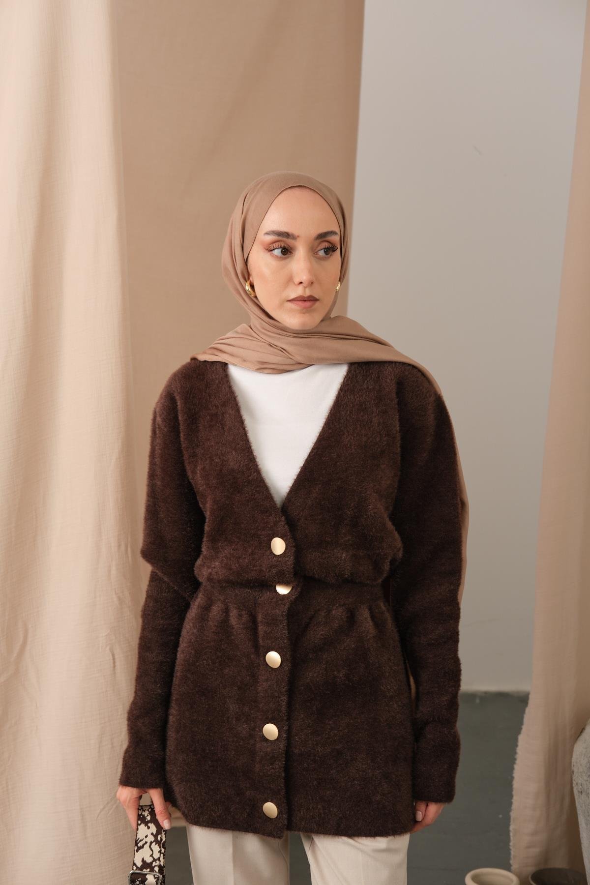 Gold Düğme Detay Hırka Kahverengi