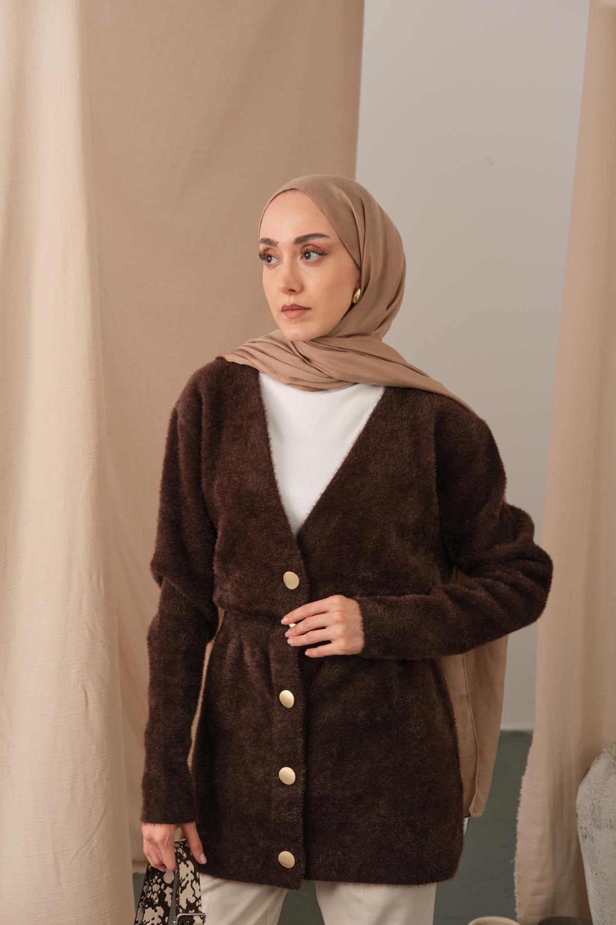 Gold Düğme Detay Hırka Kahverengi