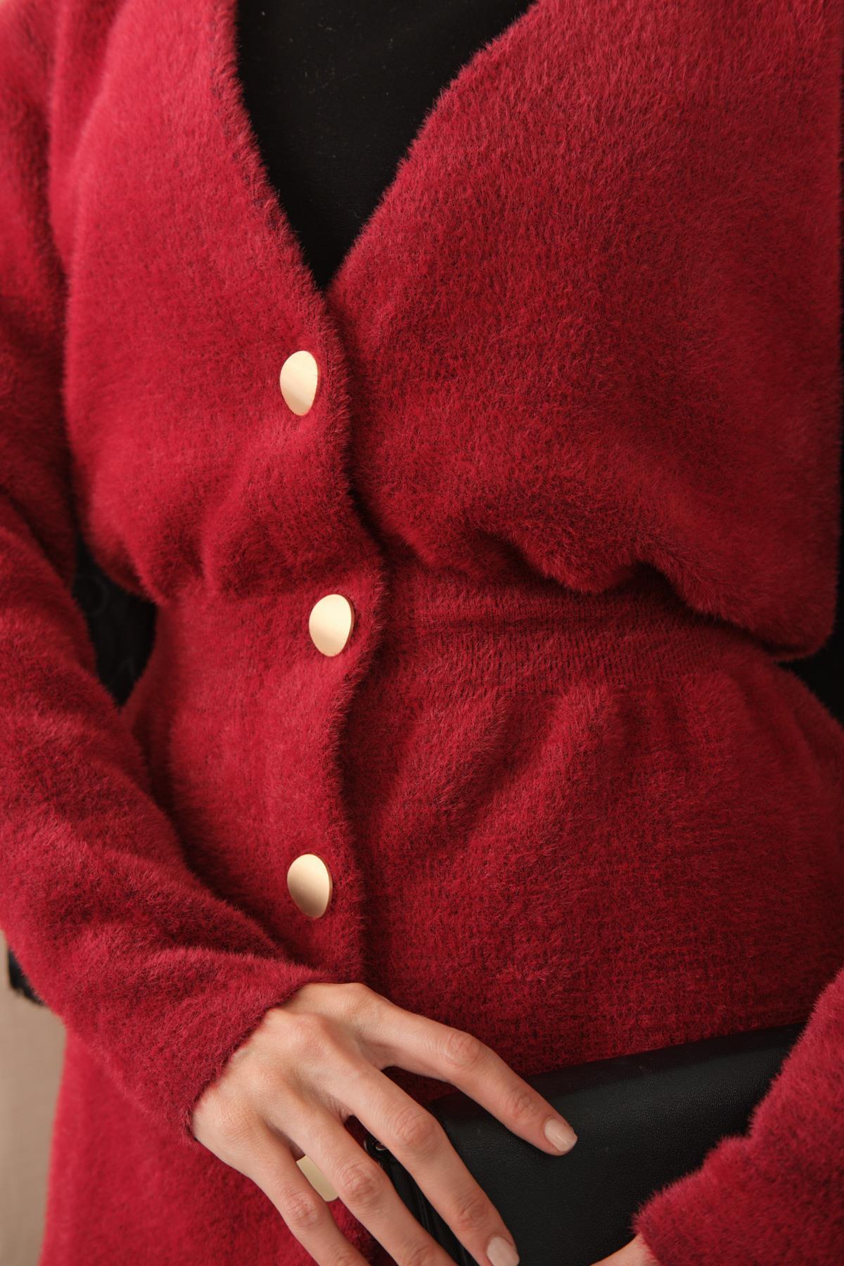 Gold Düğme Detay Hırka Kırmızı