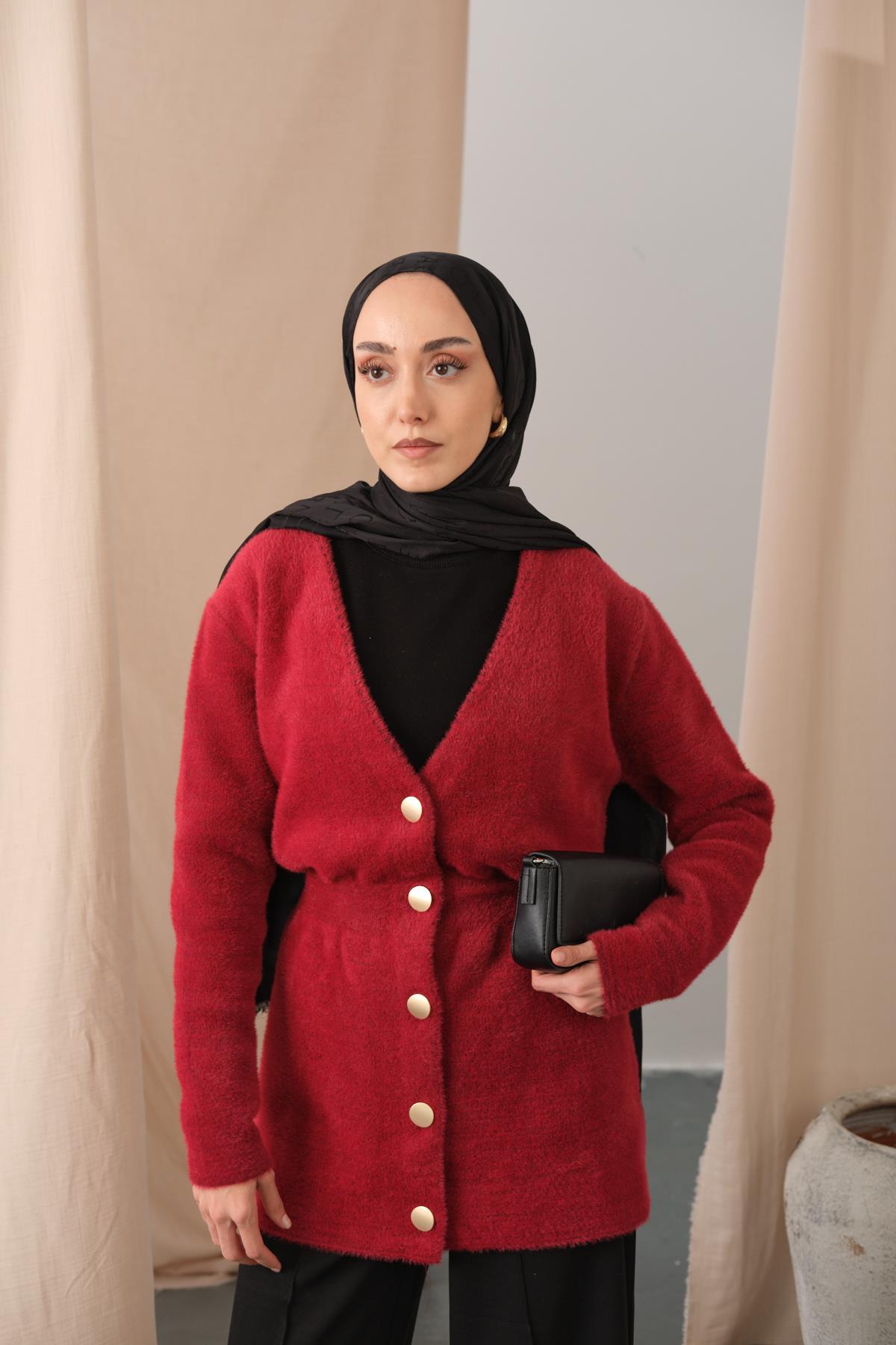 Gold Düğme Detay Hırka Kırmızı