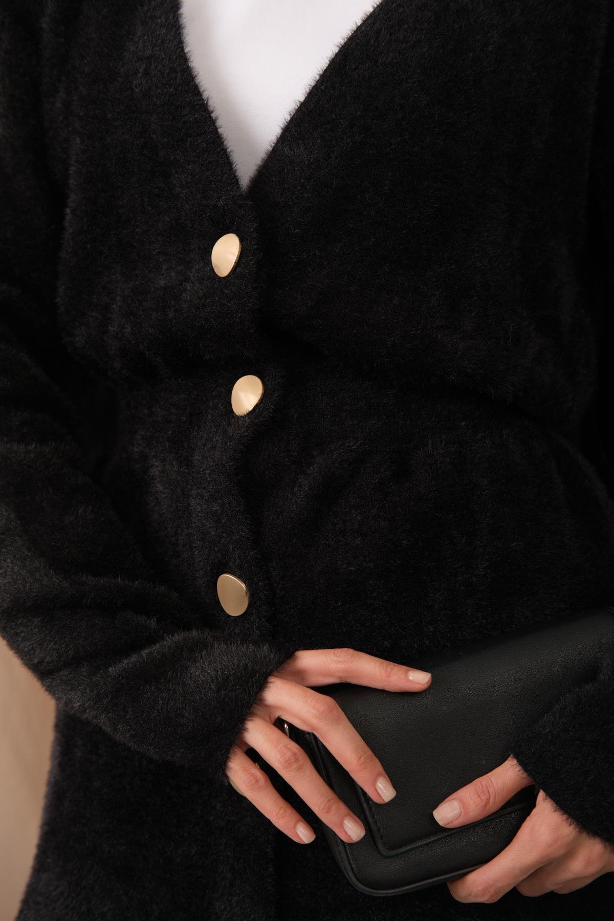 Gold Düğme Detay Hırka Siyah