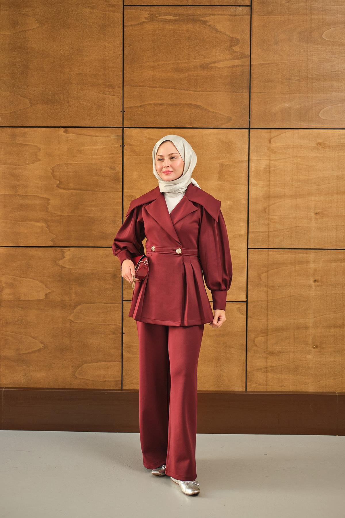 Gold Düğme Detay İkili Takım Bordo