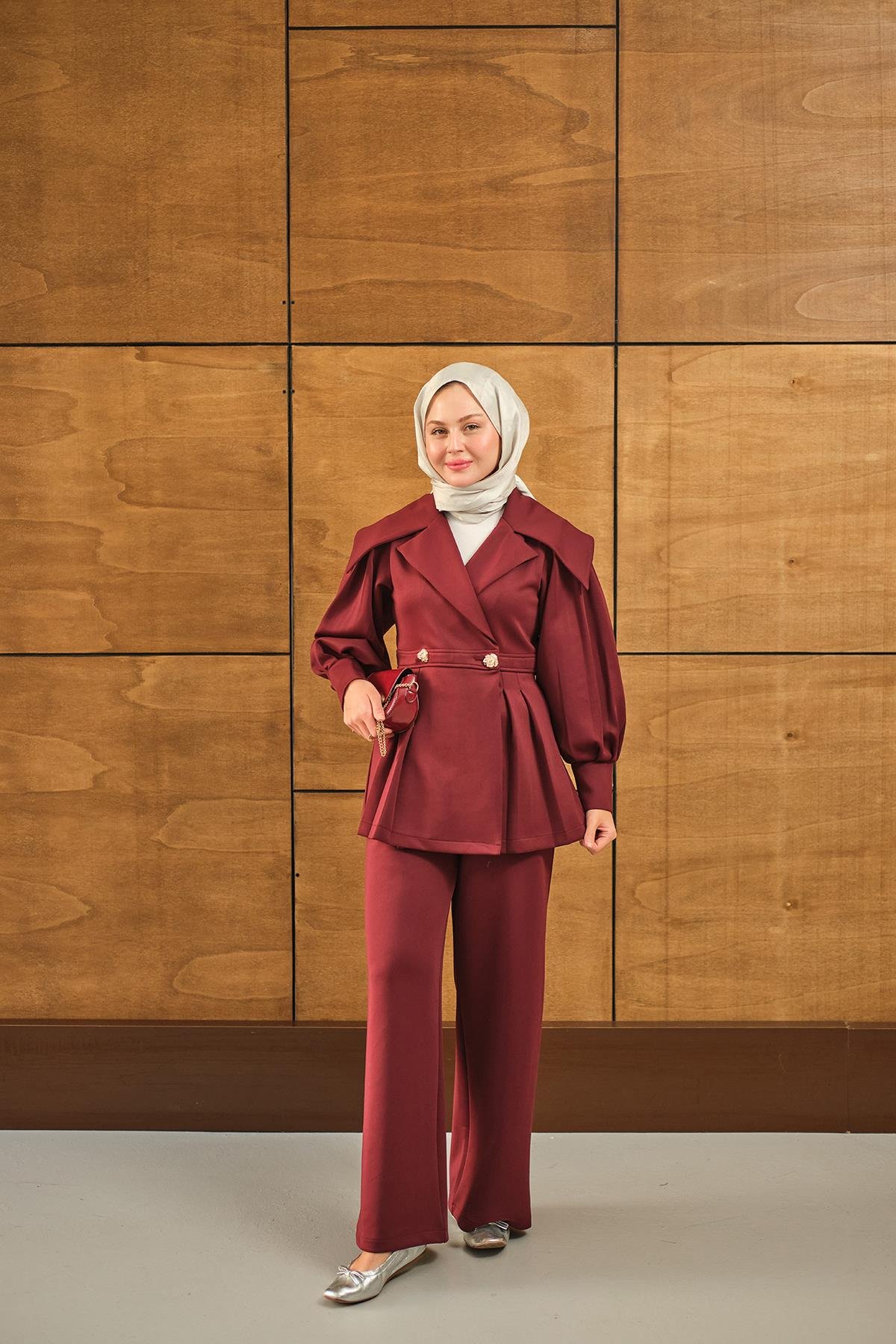 Gold Düğme Detay İkili Takım Bordo