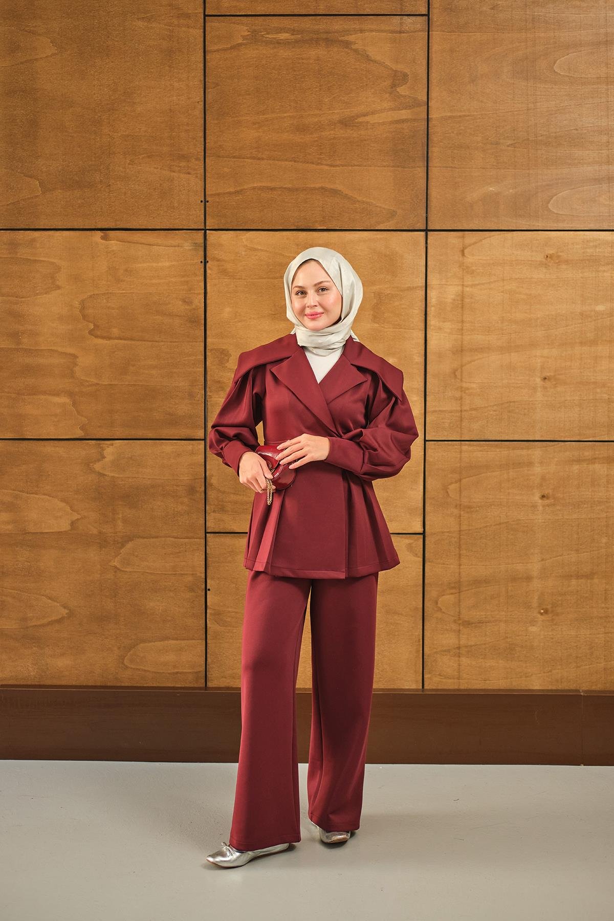Gold Düğme Detay İkili Takım Bordo