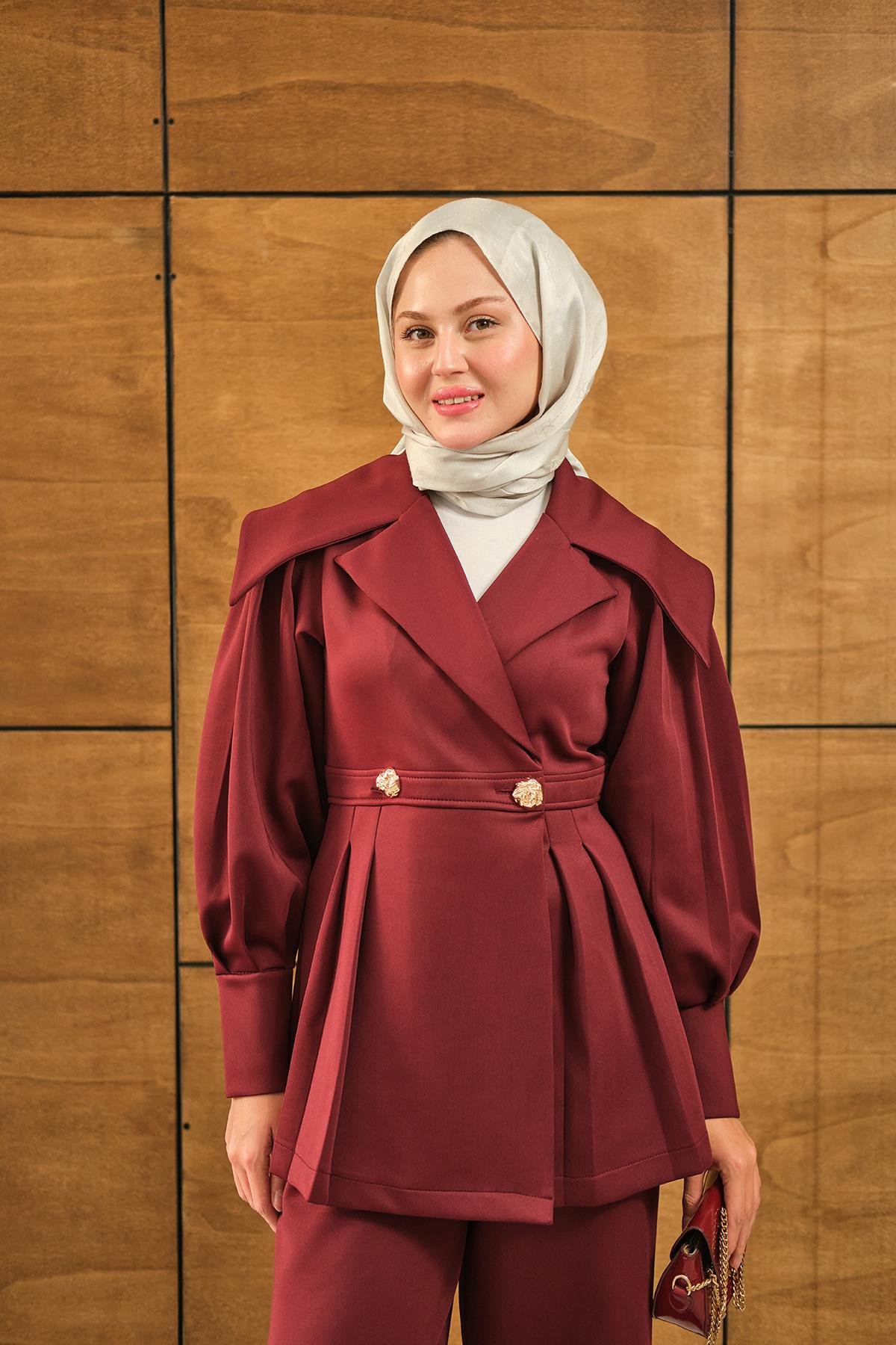 Gold Düğme Detay İkili Takım Bordo