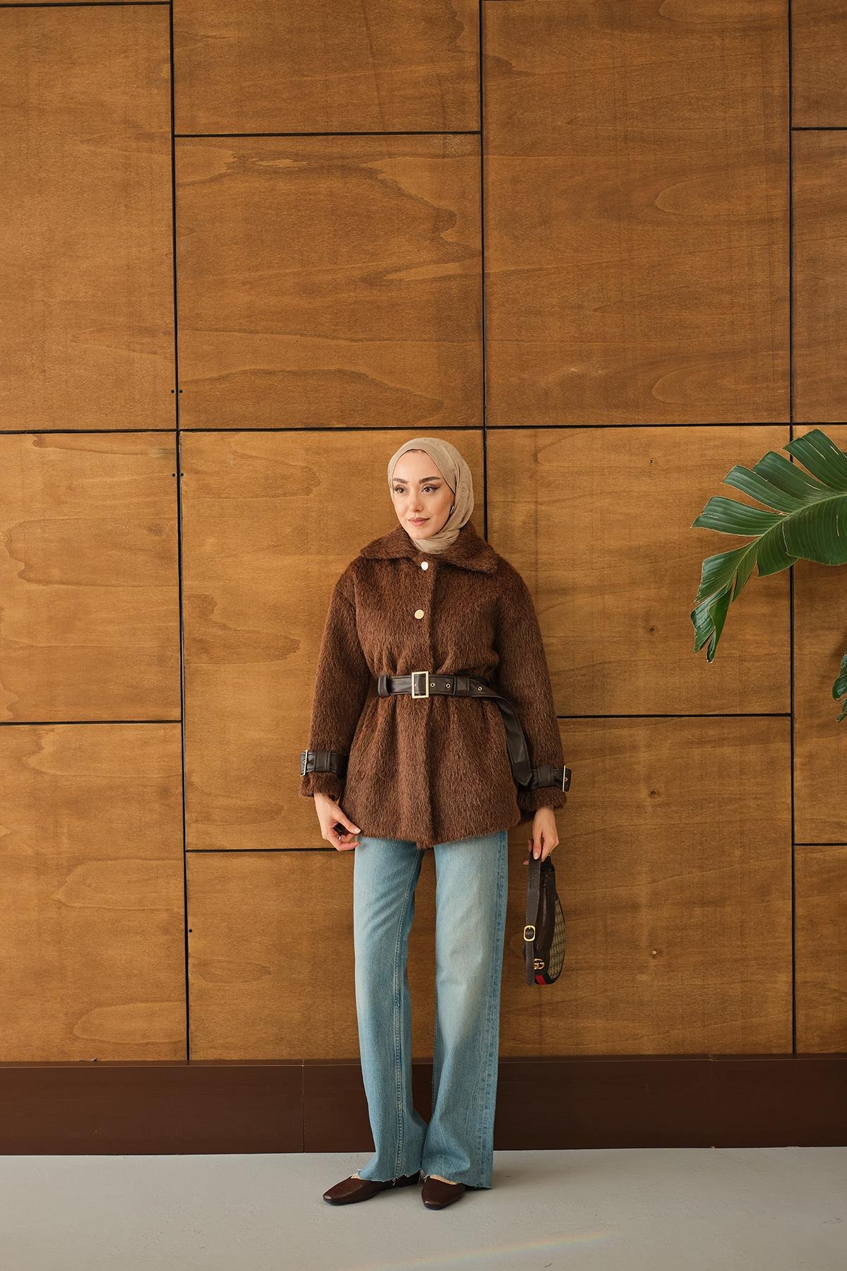 Gold Düğme Detay Kemerli Ceket Kahverengi