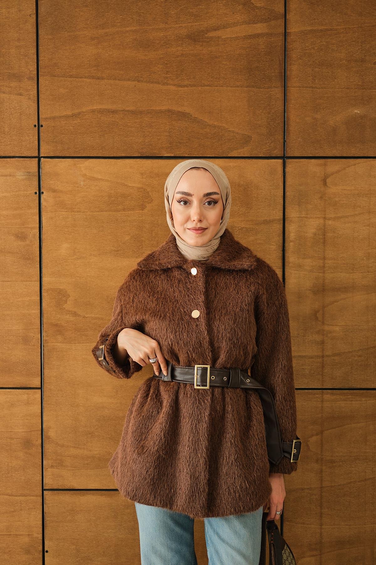 Gold Düğme Detay Kemerli Ceket Kahverengi