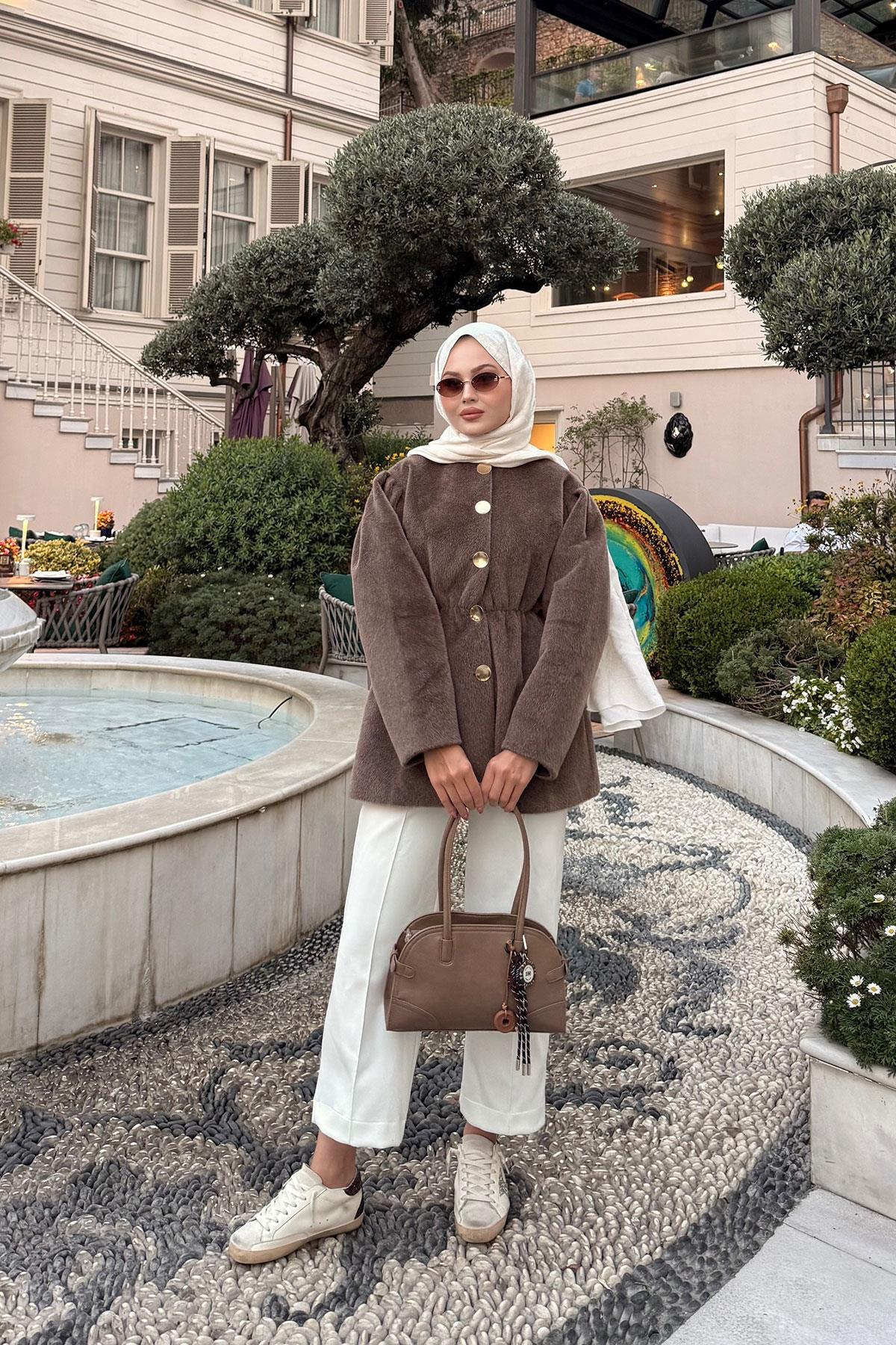 Gold Düğme Detay Mont Kahverengi