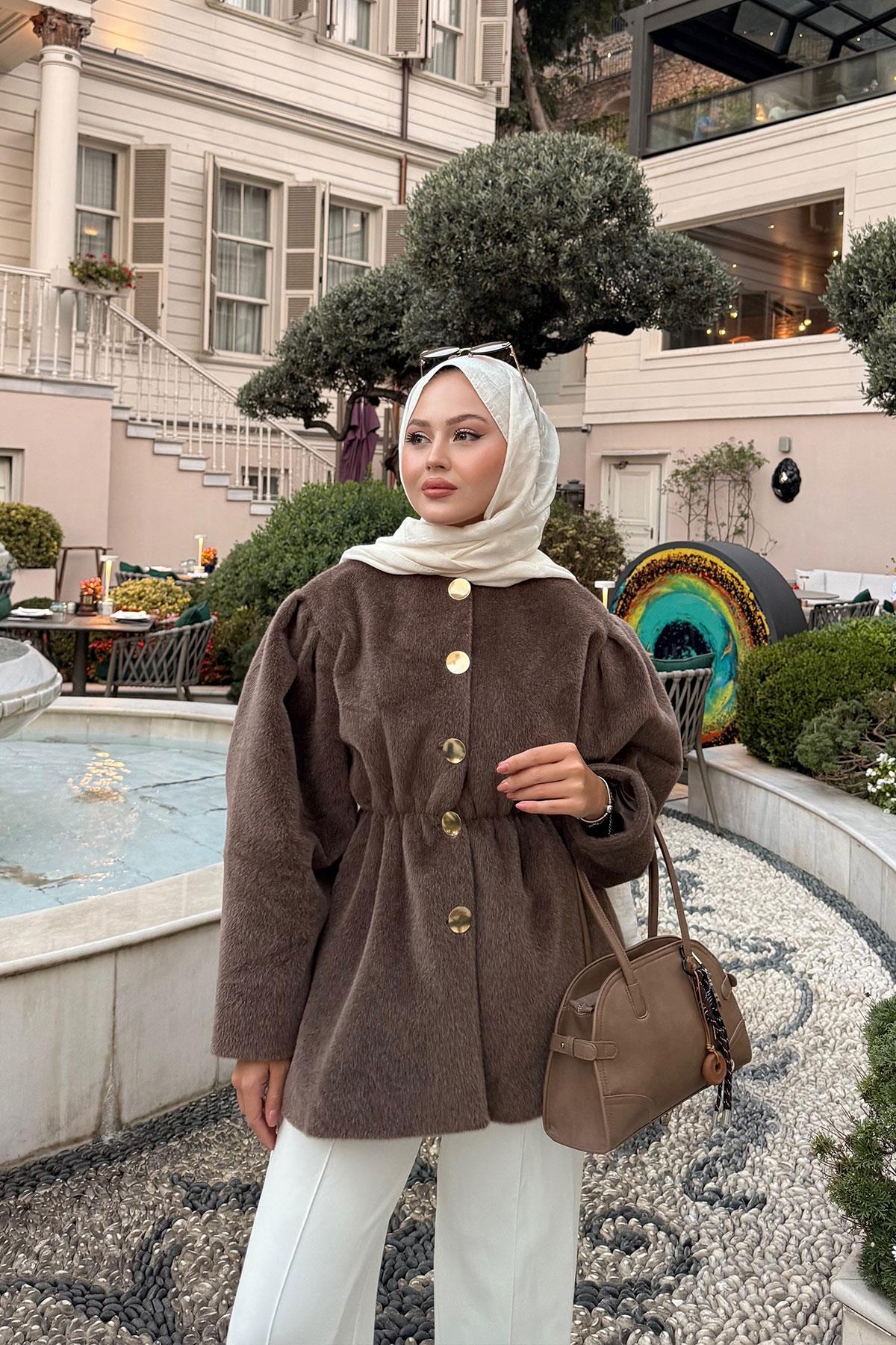 Gold Düğme Detay Mont Kahverengi